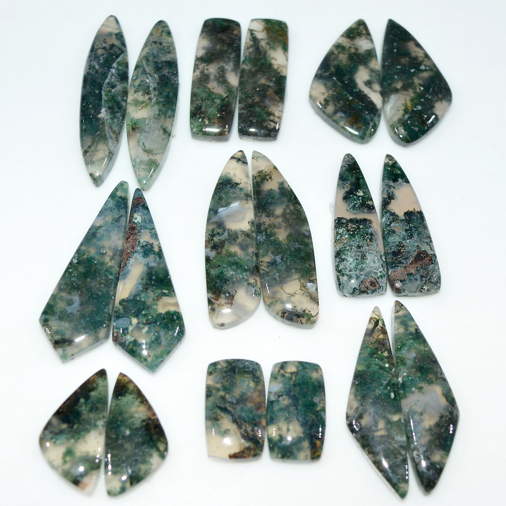 Image of 9 Pairs 205 Cts Natural Moss Agate Cabochon Gemstone Pair Lot 35x8 15x9mm #17606
