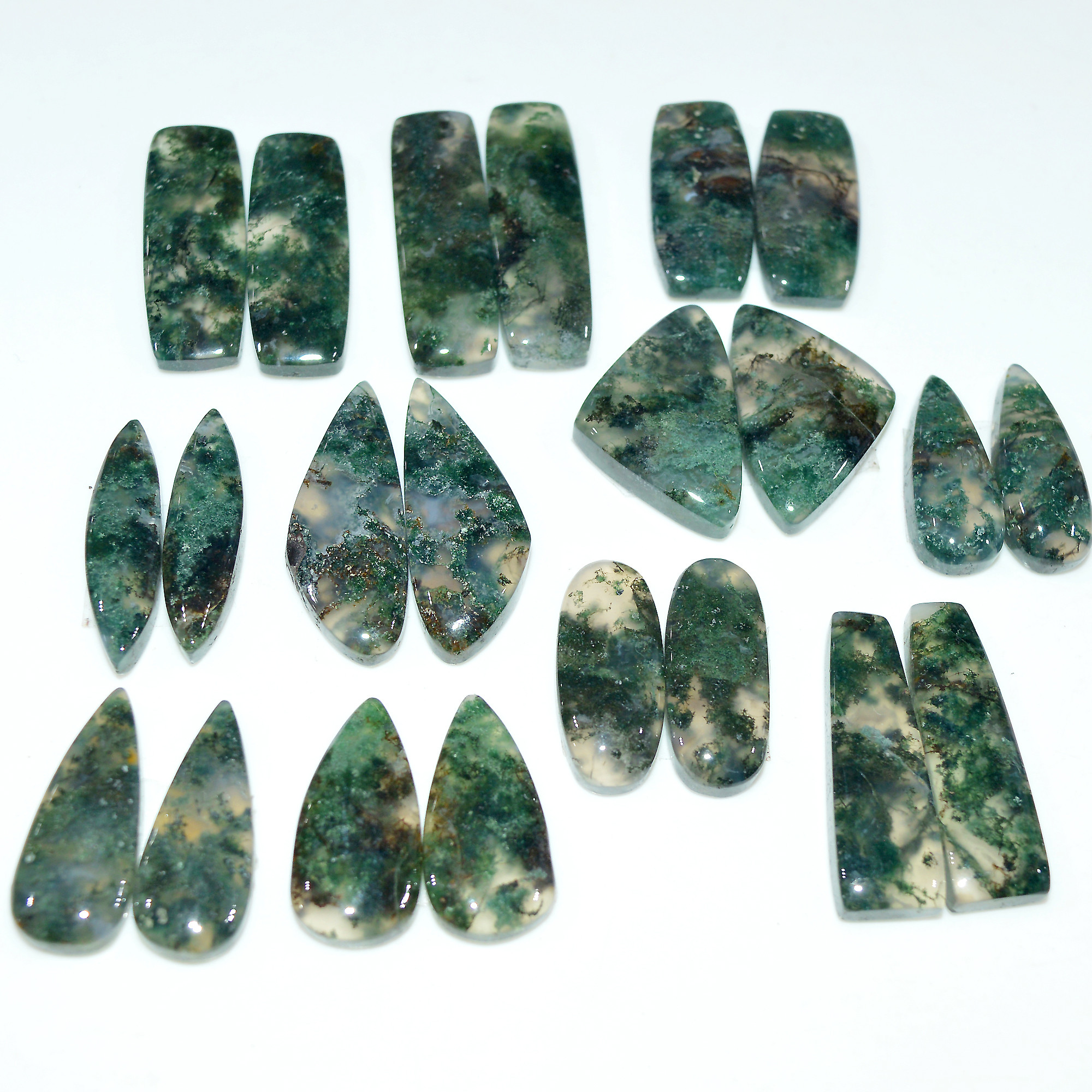 11 Pairs 232Cts Natural Moss Agate Cabochon Gemstone Pair Lot 30x9 19x5mm 17607