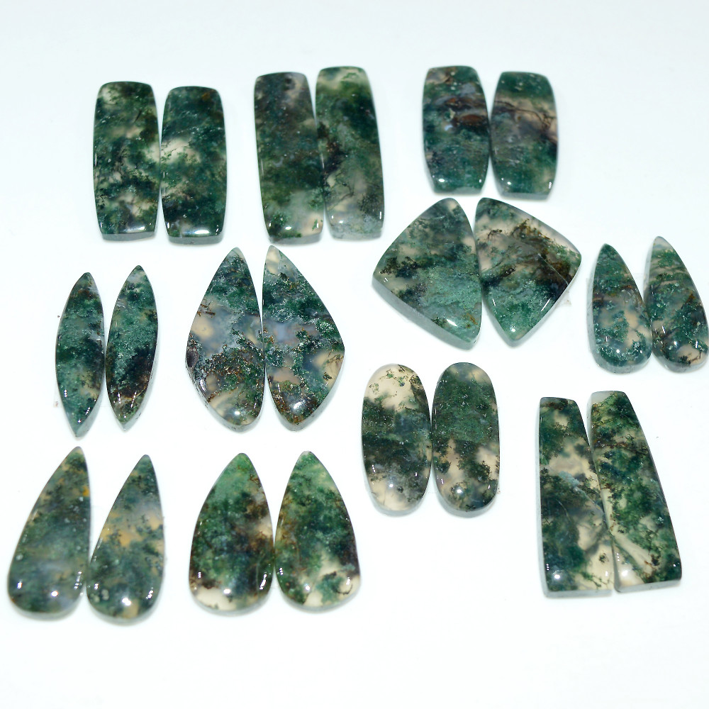 Image of 11 Pairs 232Cts Natural Moss Agate Cabochon Gemstone Pair Lot 30x9 19x5mm #17607