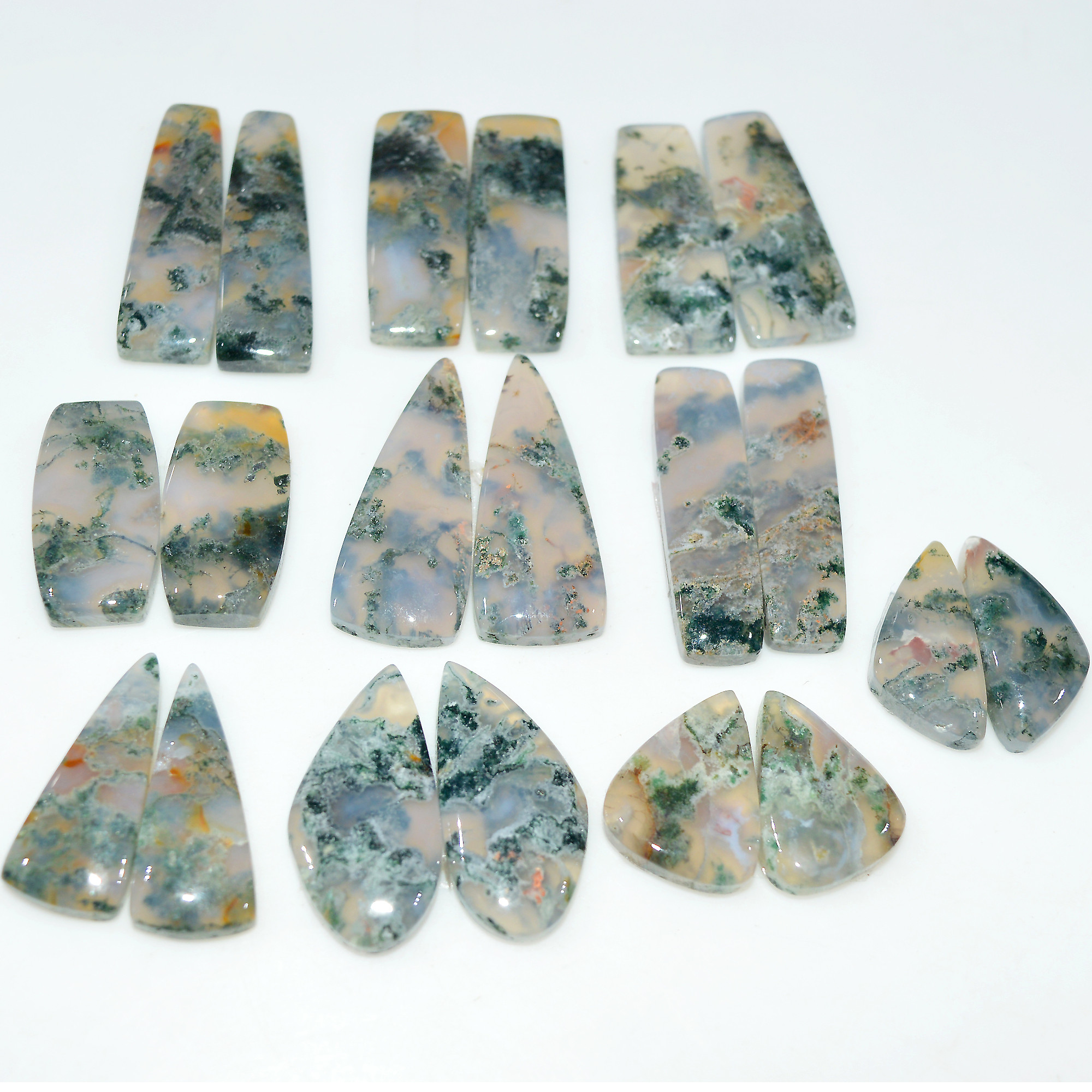 10 Pairs 227 Cts Natural Moss Agate Cabochon Gemstone Pair 30x10 15x10mm 17608