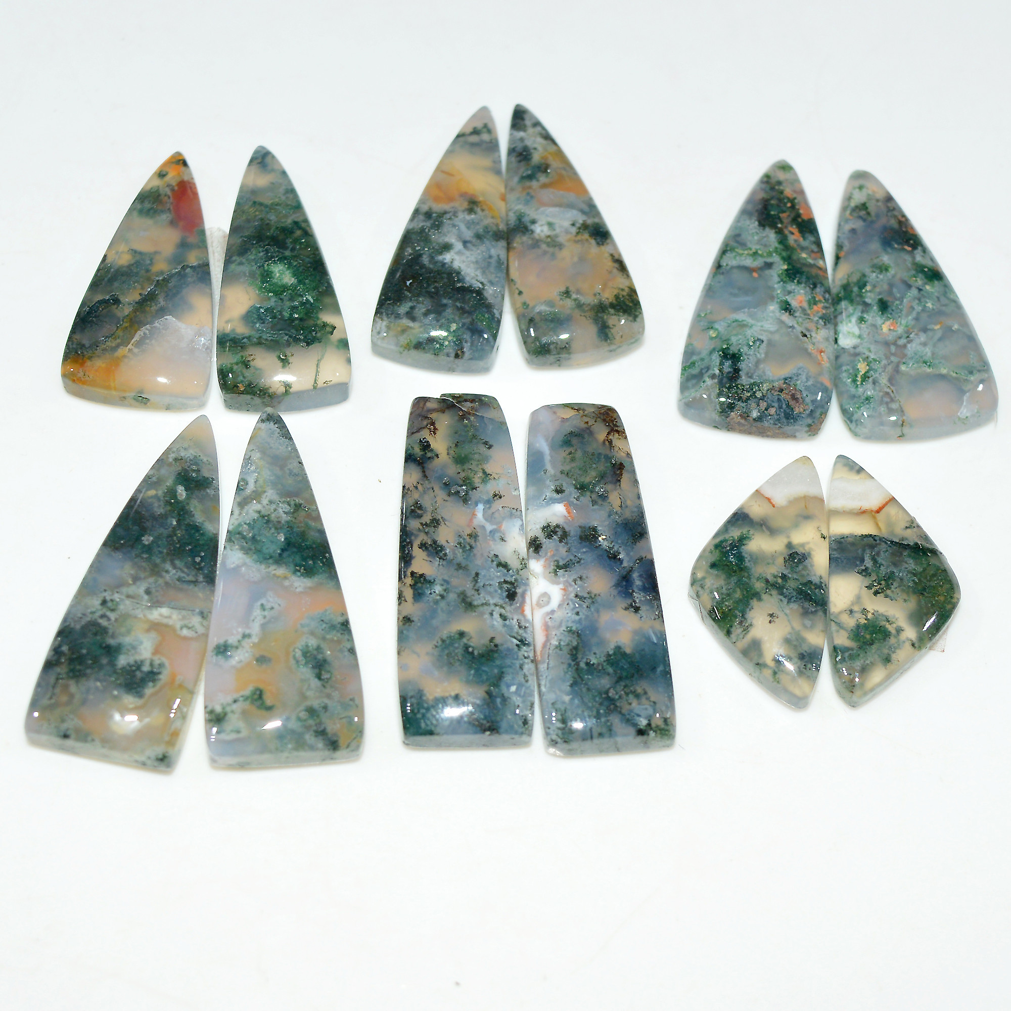 6Pairs 182Cts Natural Moss Agate Cabochon Gemstone Pair Lot 29x10 20x10mm 17609