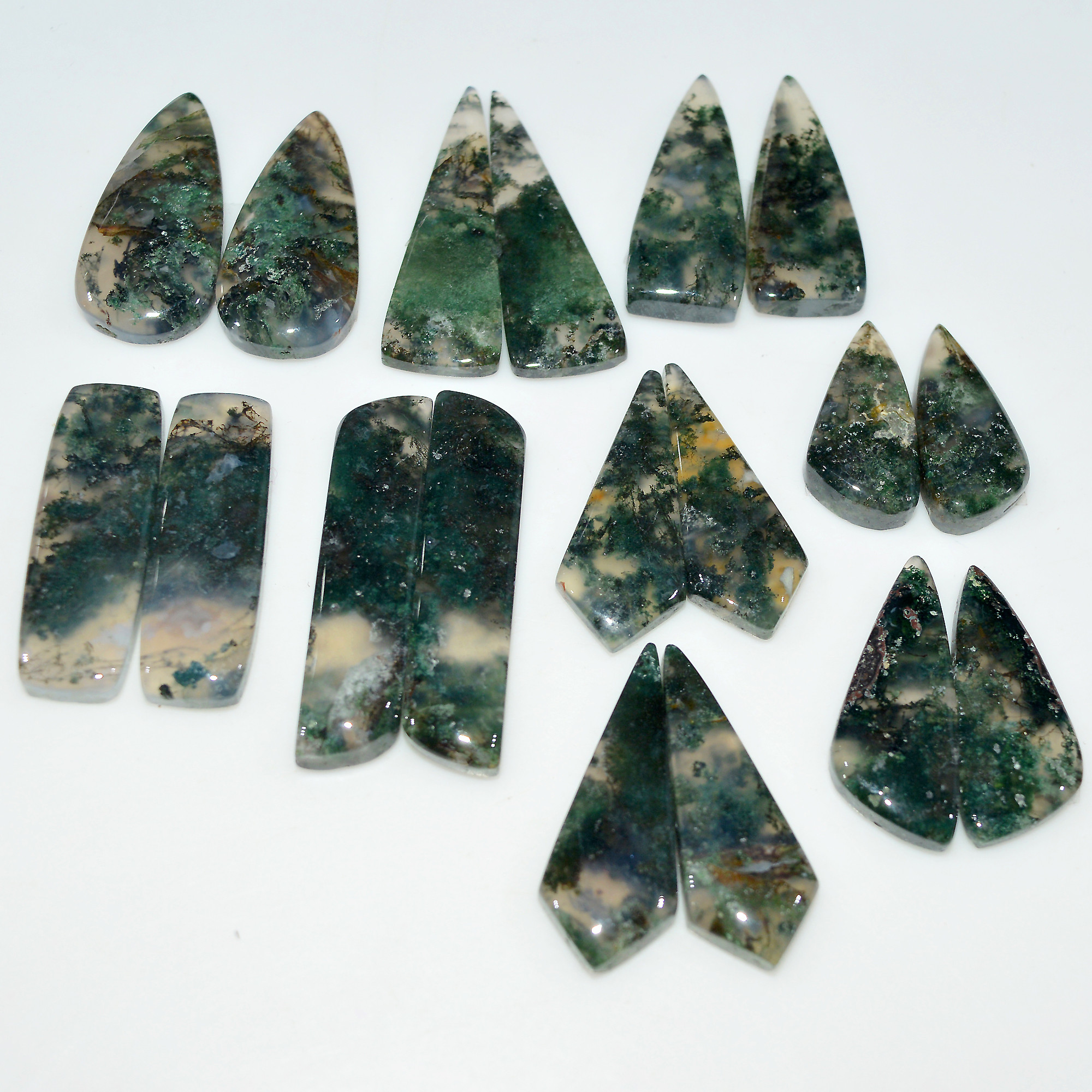 9 Pairs 245Cts Natural Moss Agate Cabochon Gemstone Pair Lot 35x8 20x10mm 17610