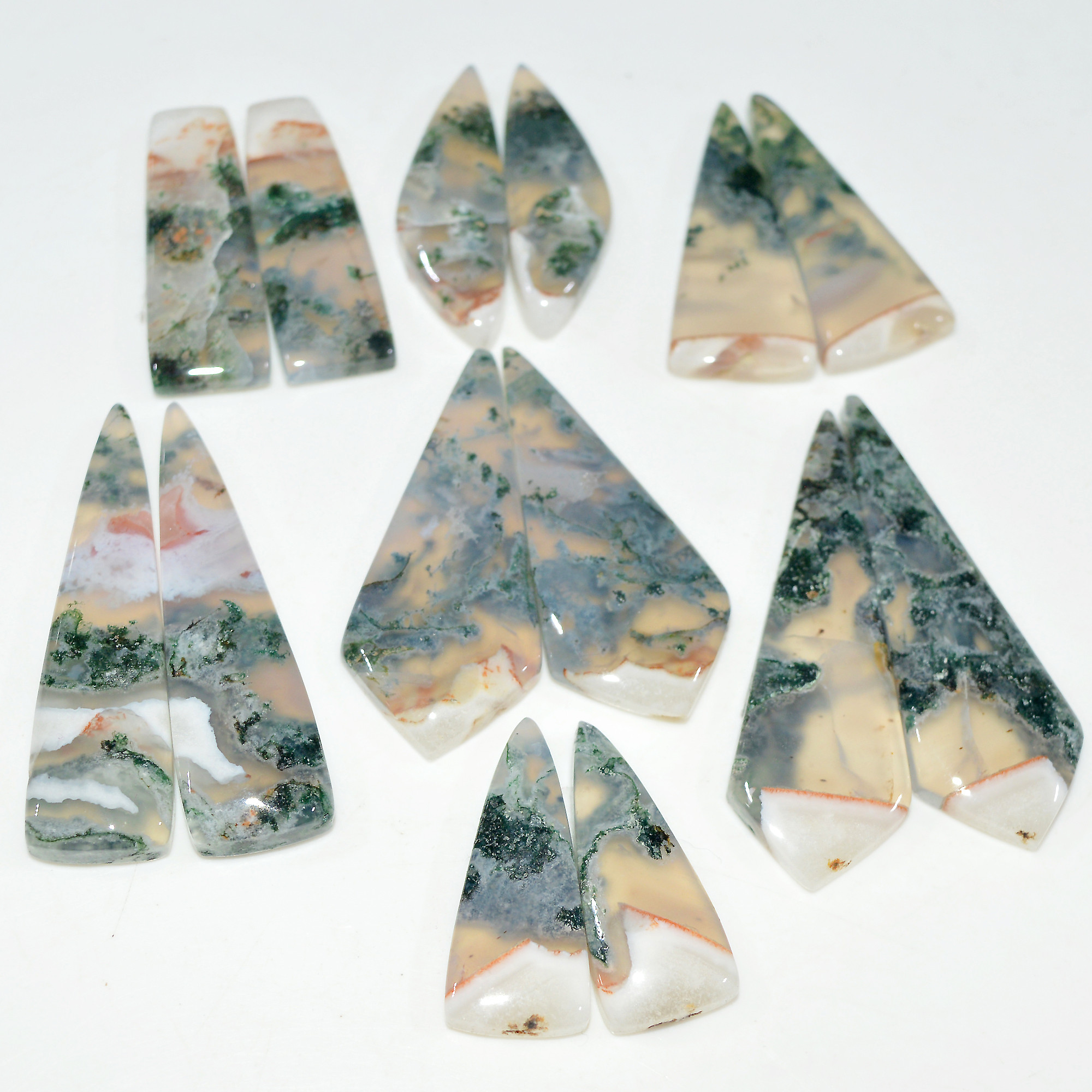 7 Pairs 192 Cts Natural Moss Agate Cabochon Gemstone Pair Lot 40x14 24x10mm 17611