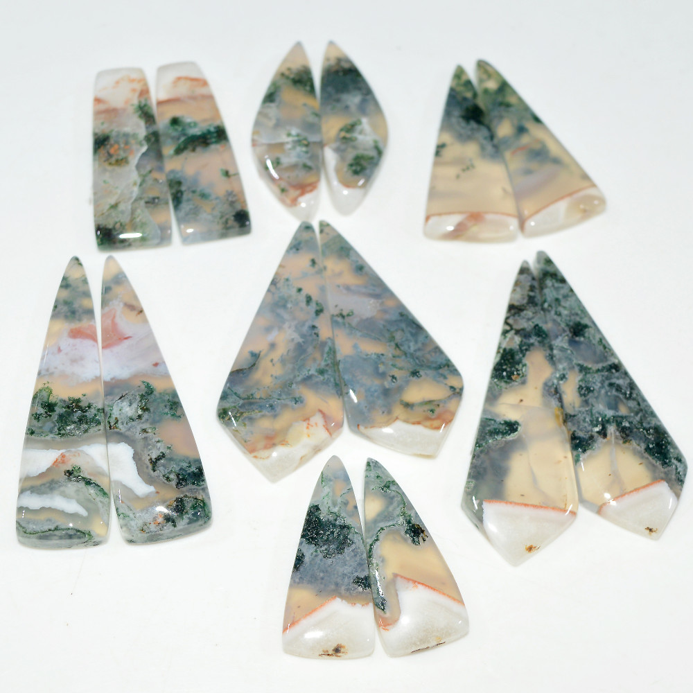Image of 7 Pairs 192 Cts Natural Moss Agate Cabochon Gemstone Pair Lot 40x14 24x10mm #17611
