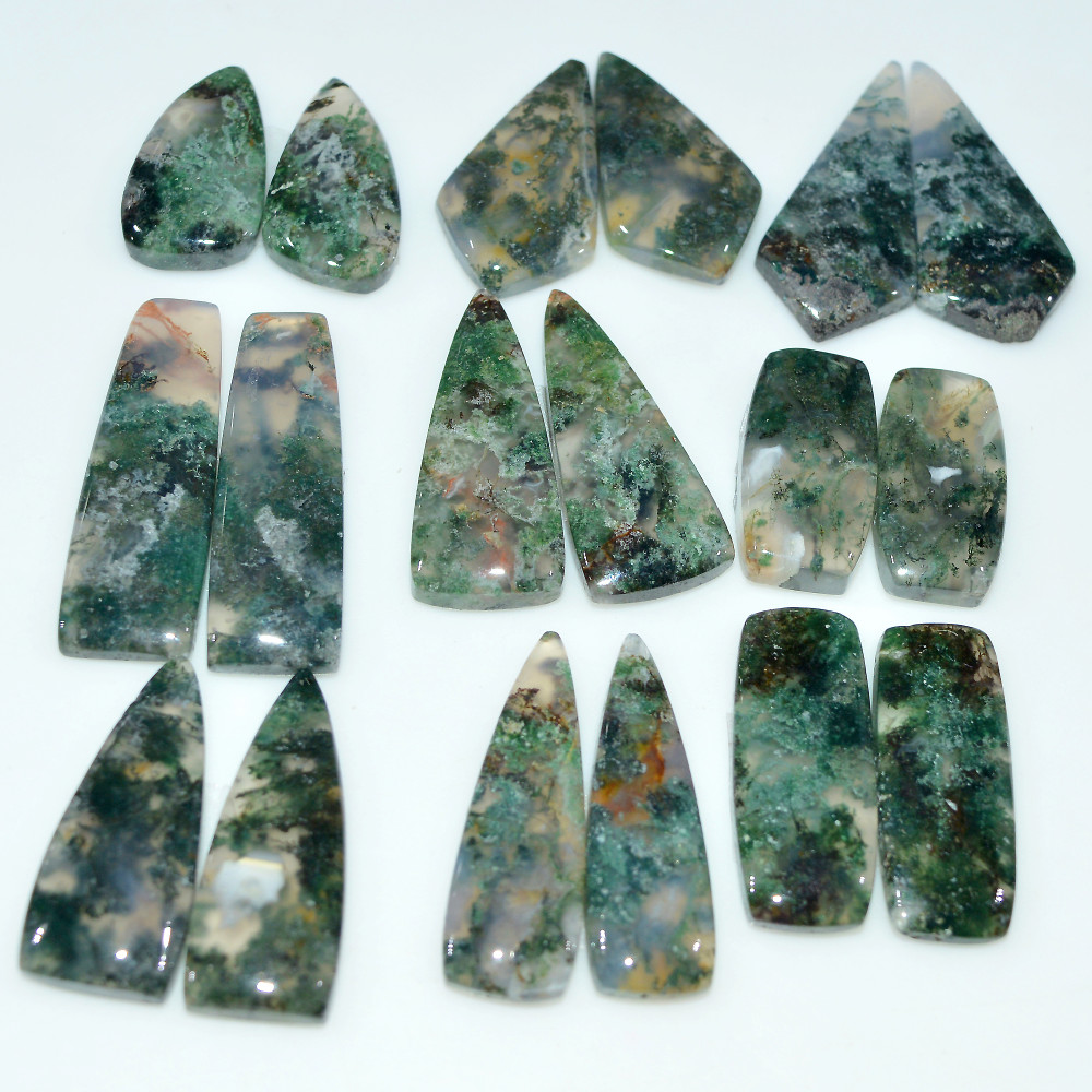 Image of 9 Pairs 209 Cts Natural Moss Agate Cabochon Gemstone Pair Lot 30x10 19x10mm #17612