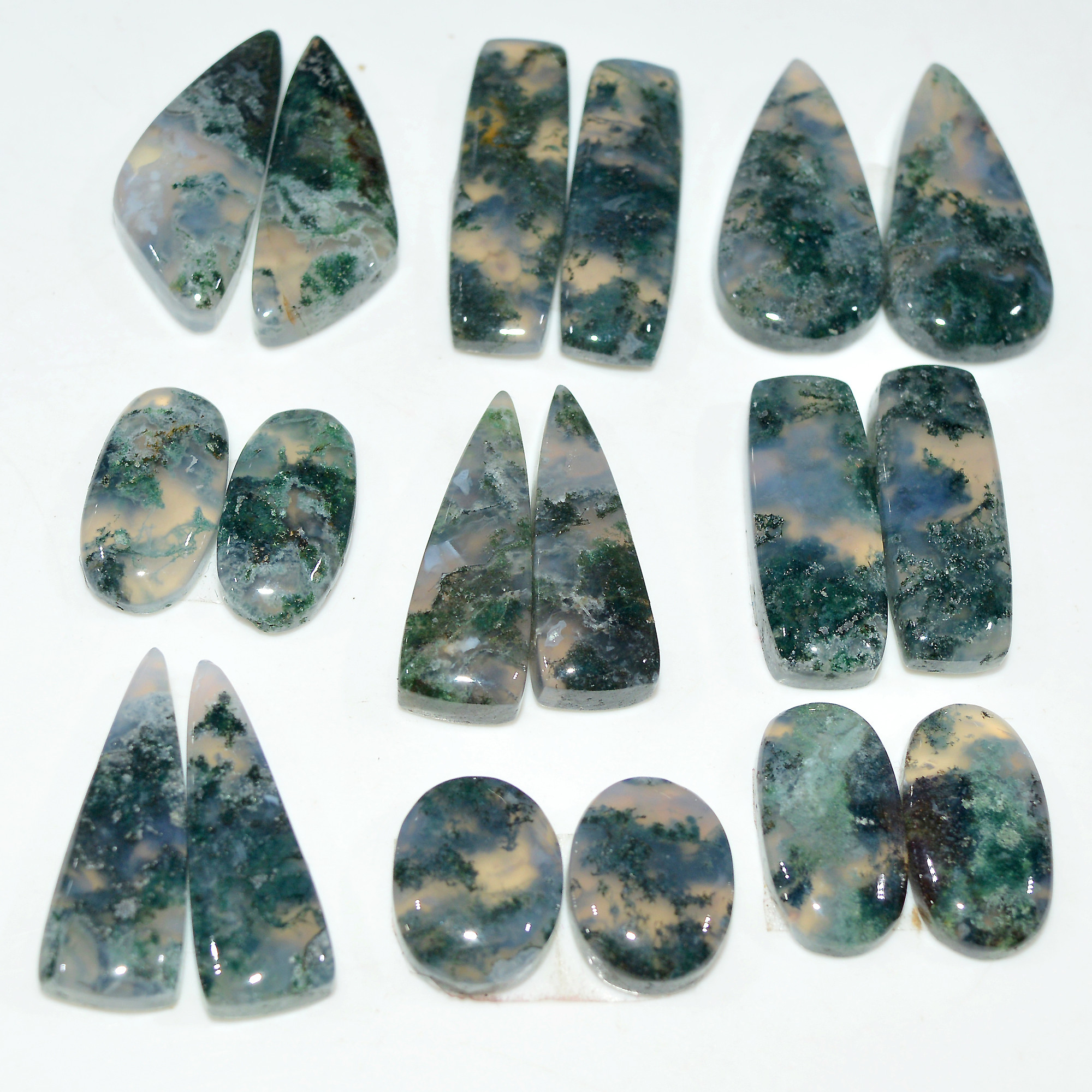 9 Pairs 191 Cts Natural Moss Agate Cabochon Gemstone Pair Lot 26x7 14x10mm 17613