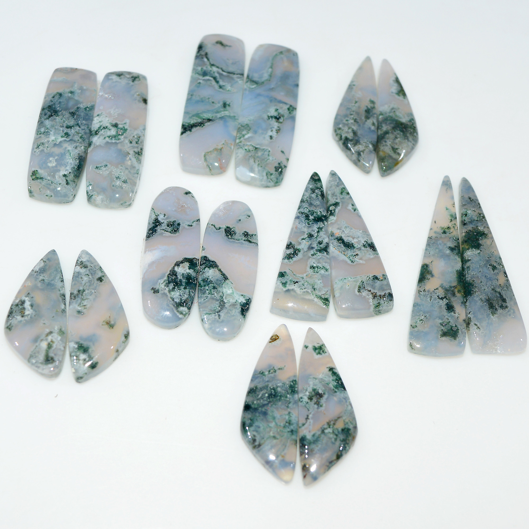8 Pairs 177 Cts Natural Moss Agate Cabochon Gemstone Pair Lot 35x10 22x9mm 17614
