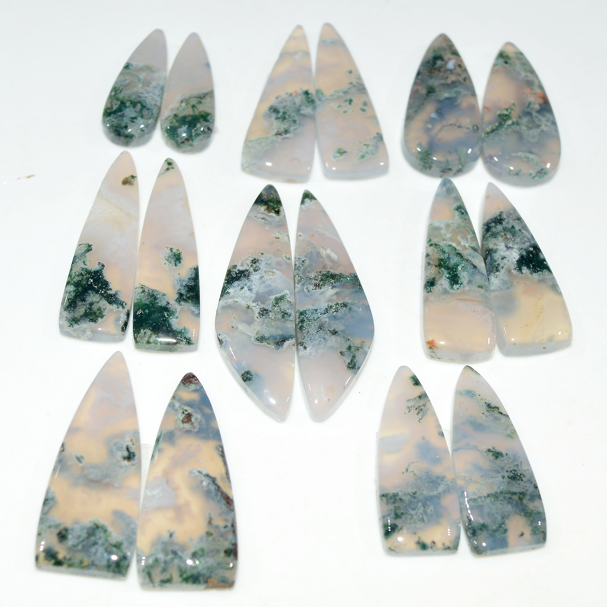 8 Pairs 190 Cts Natural Moss Agate Cabochon Gemstone Pair Lot 36x10 20x8mm 17615