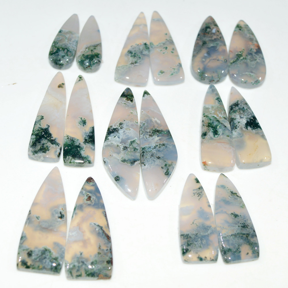 Image of 8 Pairs 190 Cts Natural Moss Agate Cabochon Gemstone Pair Lot 36x10 20x8mm #17615