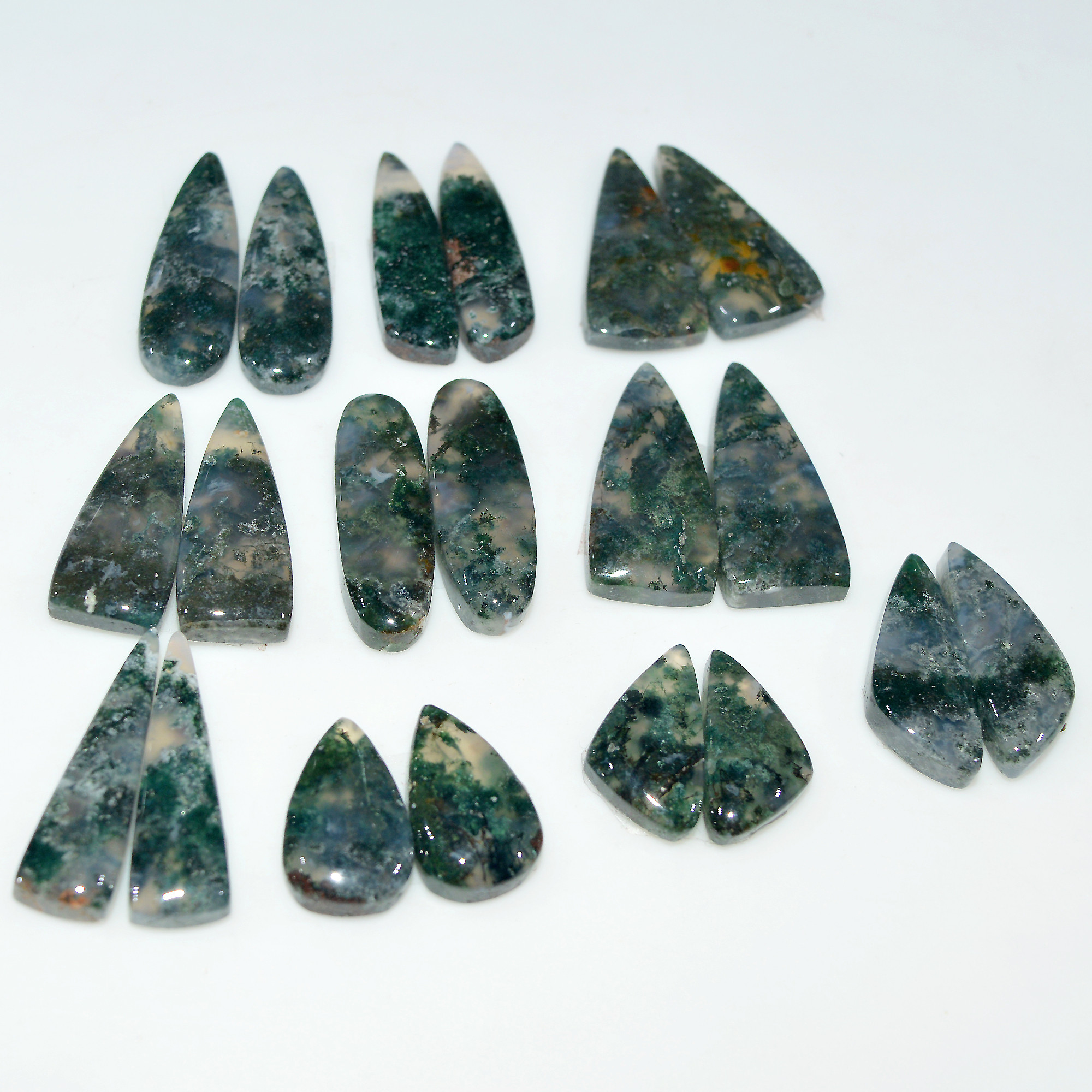 10 Pairs 190 Cts Natural Moss Agate Cabochon Gemstone Pair Lot 25x10 15x10mm 17616