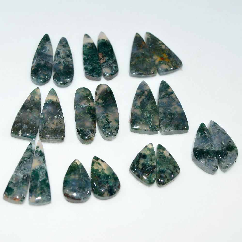Image of 10 Pairs 190 Cts Natural Moss Agate Cabochon Gemstone Pair Lot 25x10 15x10mm #17616