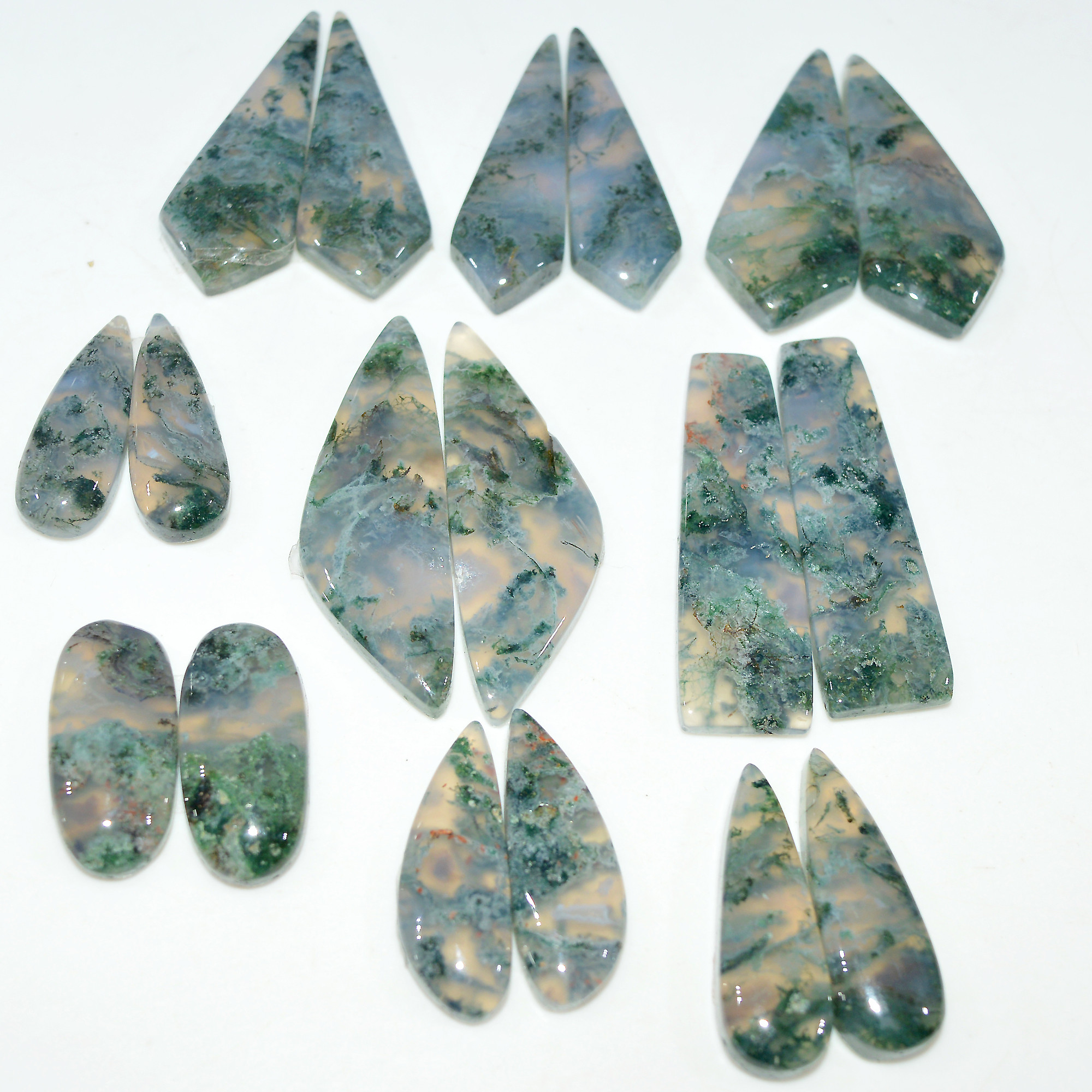 9 Pairs 211 Cts Natural Moss Agate Cabochon Gemstone Pair Lot 32x10 20x10mm 17617