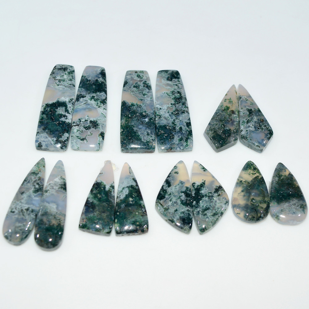 Image of 7 Pairs 192 Cts Natural Moss Agate Cabochon Gemstone Pair Lot 34x10 21x10mm #17618