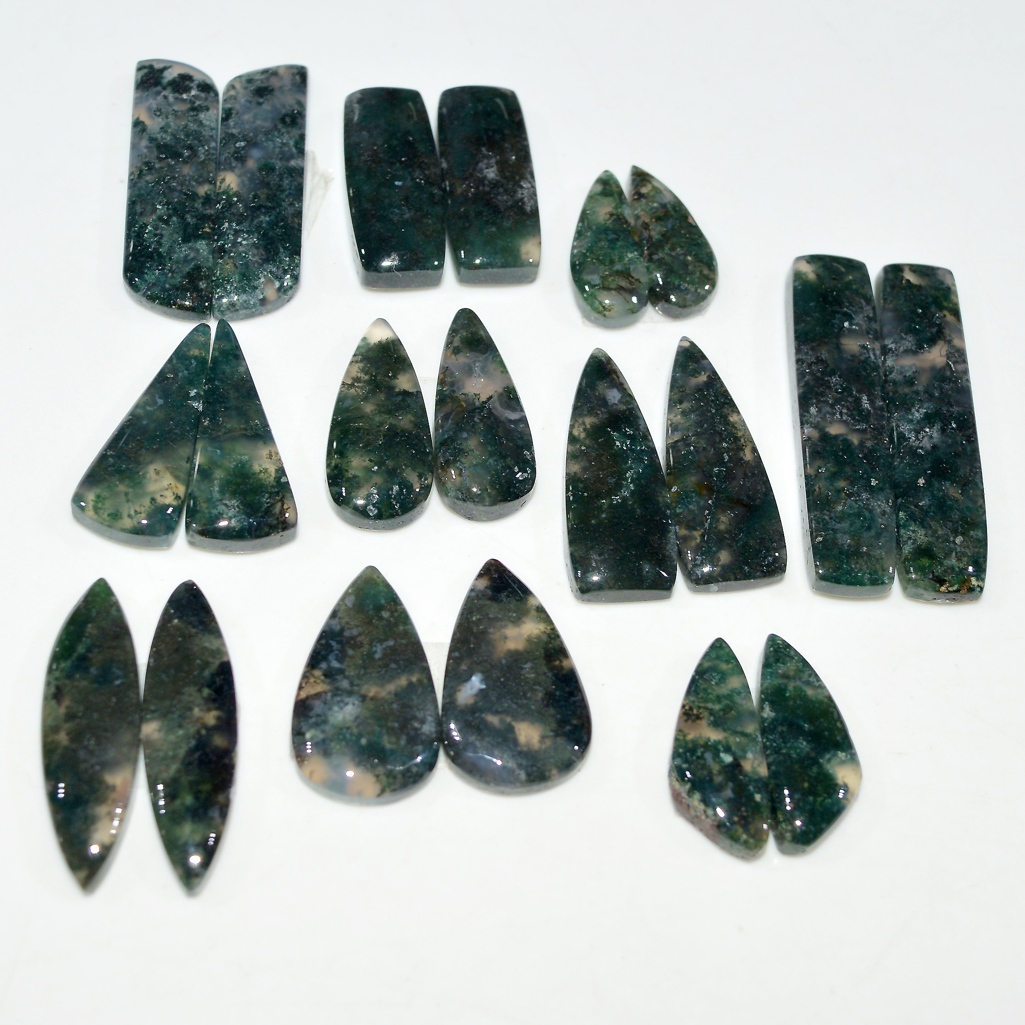 10 Pairs 220 Cts Natural Moss Agate Cabochon Gemstone Pair Lot 36x8 16x5mm 17619