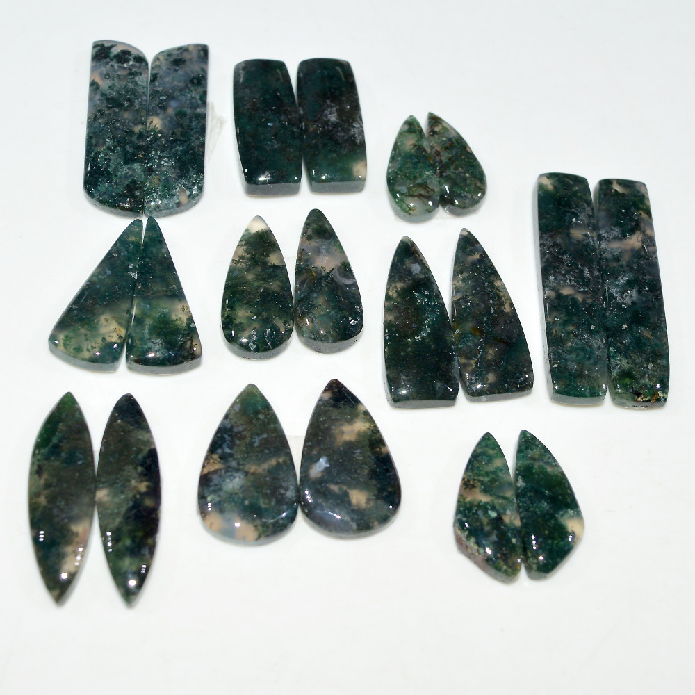 Image of 10 Pairs 220 Cts Natural Moss Agate Cabochon Gemstone Pair Lot 36x8 16x5mm #17619