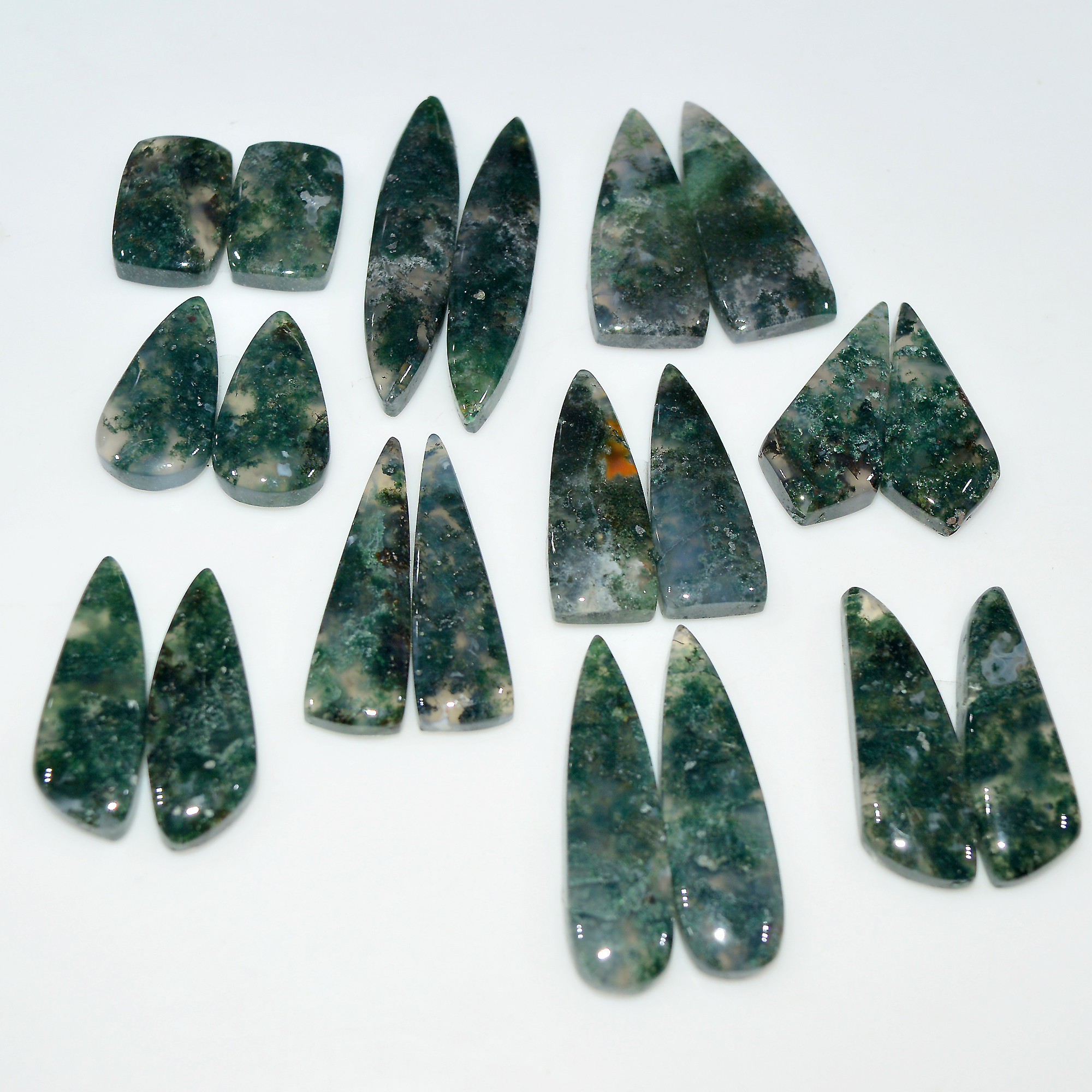 10 Pairs 227 Cts Natural Moss Agate Cabochon Gemstone Pair Lot 37x7 15x10mm 17620