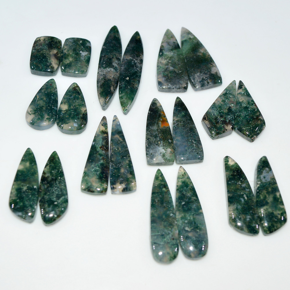 Image of 10 Pairs 227 Cts Natural Moss Agate Cabochon Gemstone Pair Lot 37x7 15x10mm #17620