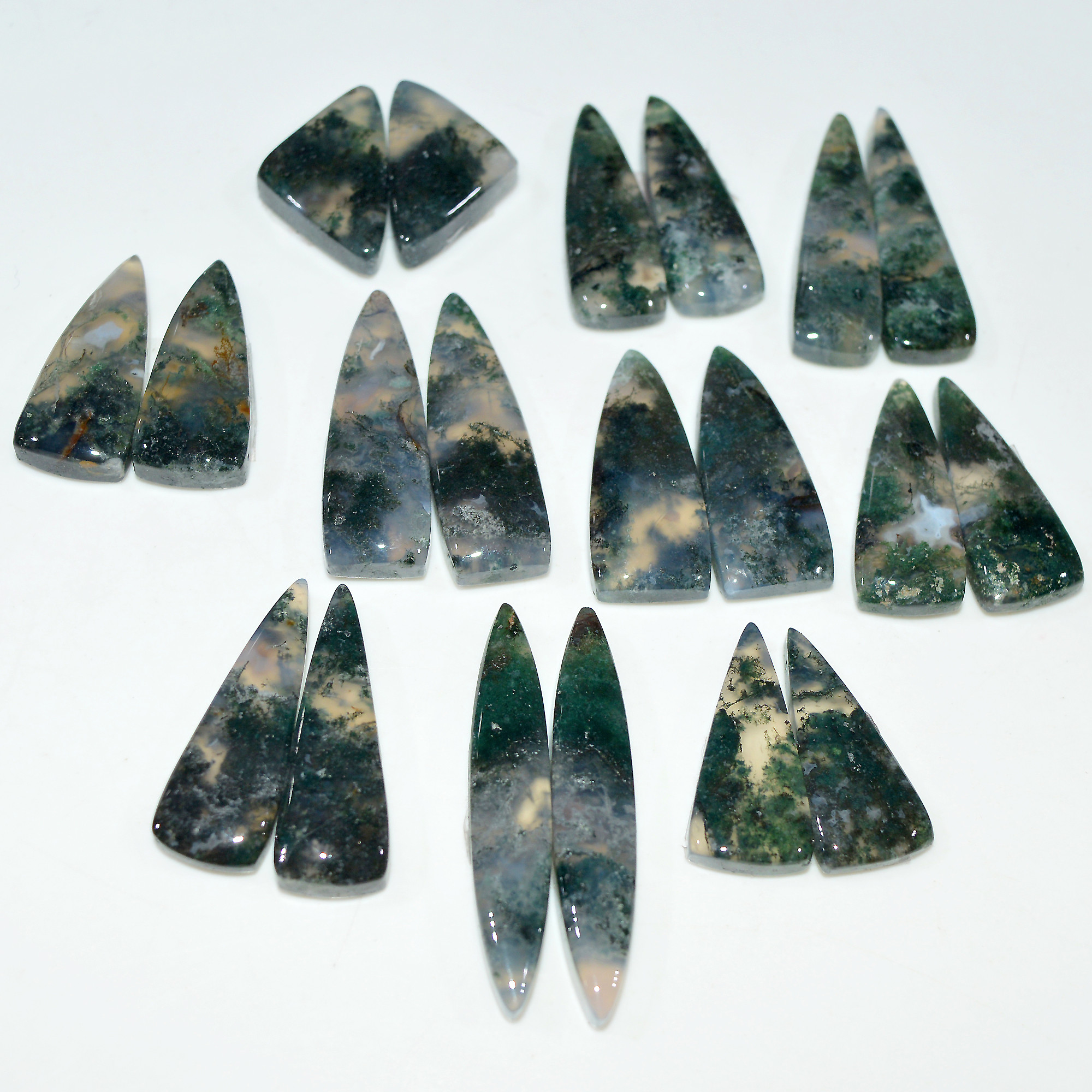 10 Pairs 229 Cts Natural Moss Agate Cabochon Gemstone Pair Lot 36x5 20x12mm 17621