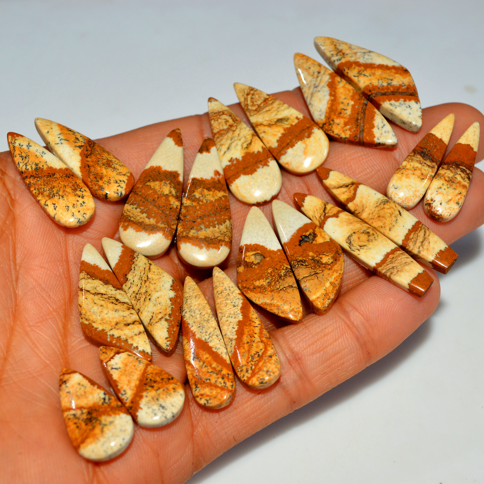 10 Pairs 230Cts Natural Picture Jasper Cabochon Gemstone Pair Lot for Silver Jewelry 35x10 20x10mm 17628