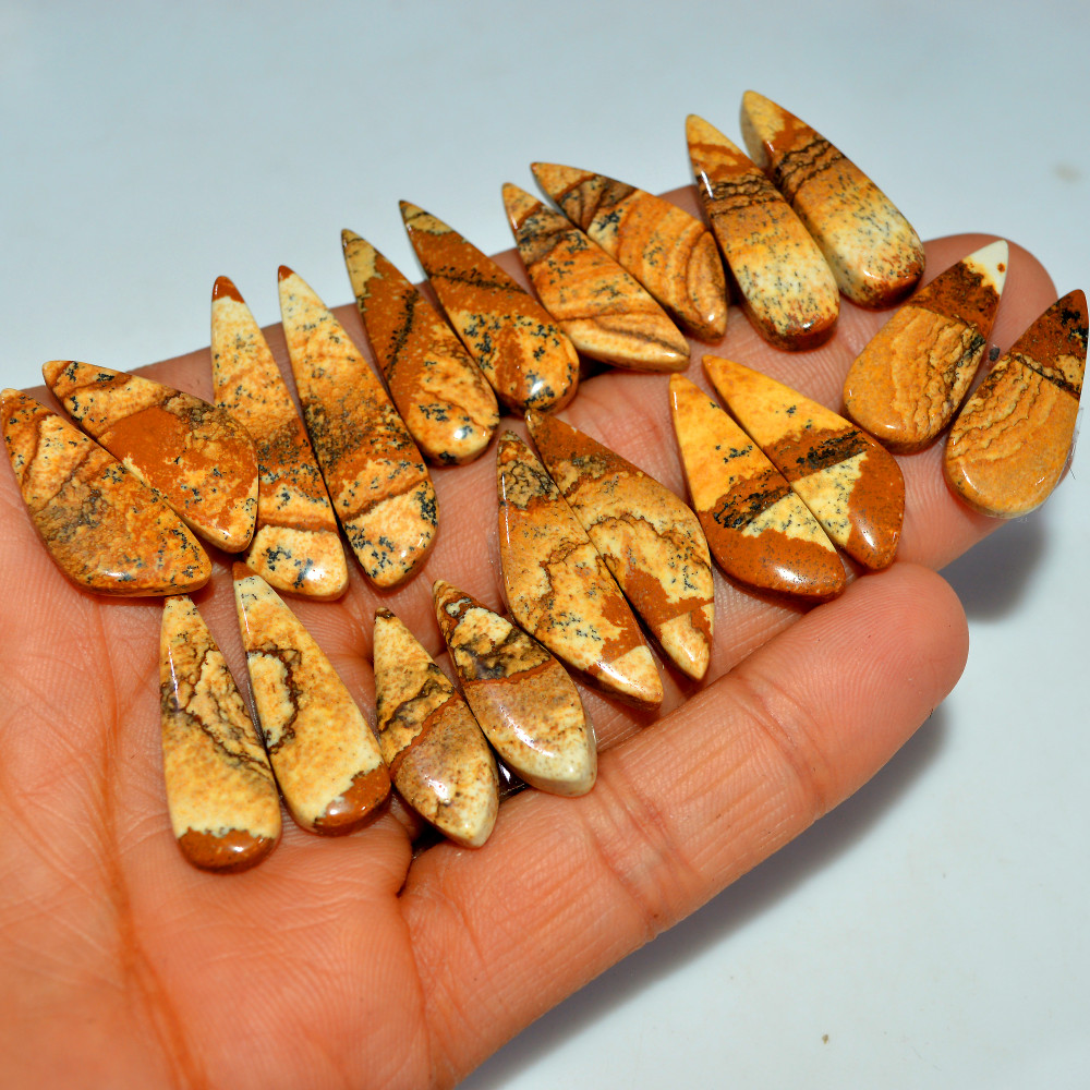 Image of 10 Pairs 212Cts  Natural Brown Picture Jasper Cabochon Gemstone Pair Lot Gift for Her 35x9 25x10mm #17635