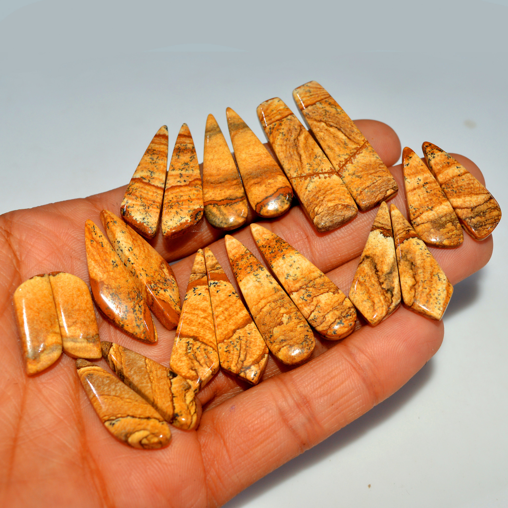 10 Pairs 221Cts  Natural Brown Picture Jasper Cabochon Gemstone Pair Lot Gift for Her 35x10 19x5mm 17636