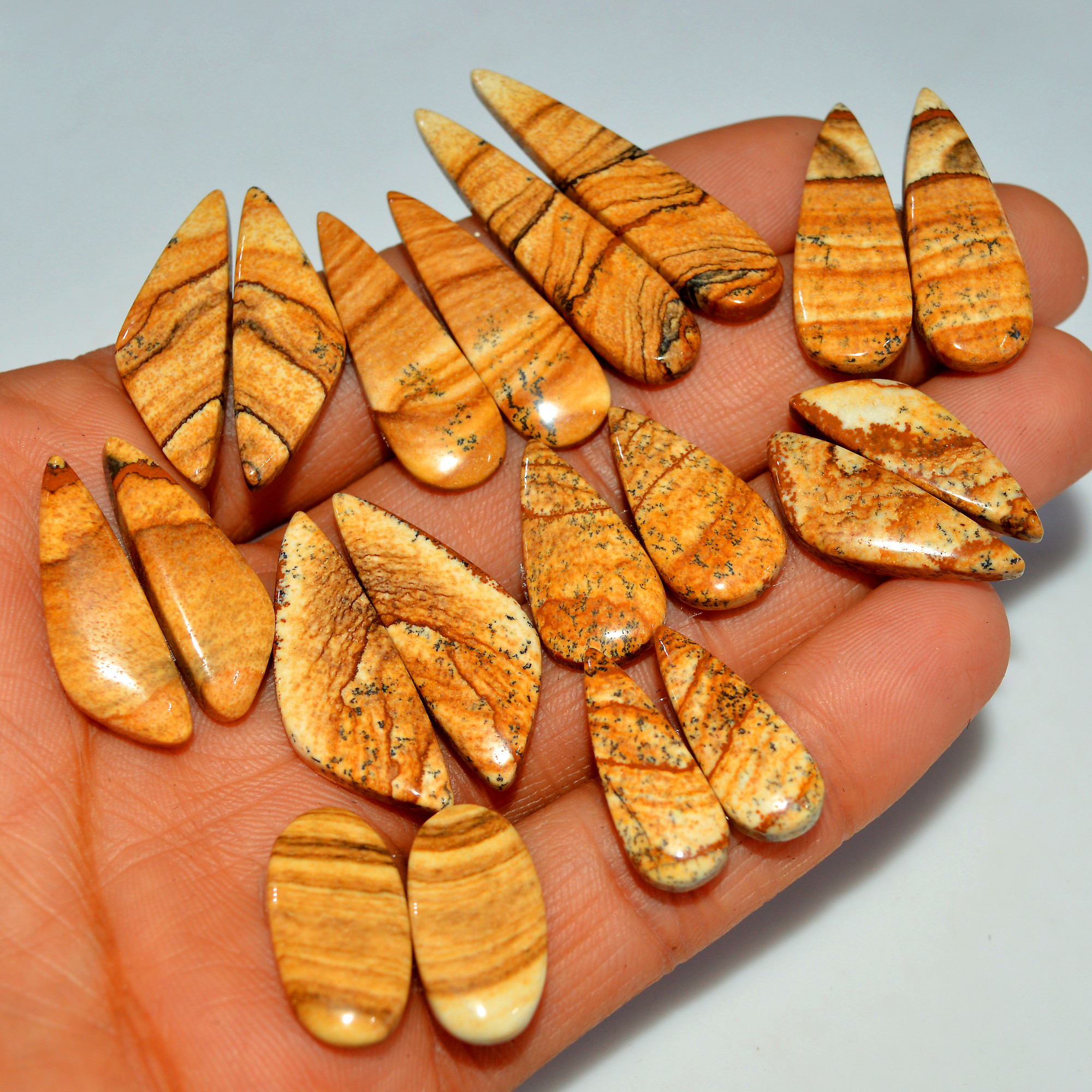 10 Pairs 184Cts Natural Brown Picture Jasper Cabochon Gemstone Pair Lot Gift for Her 38x8 20x10mm 17637