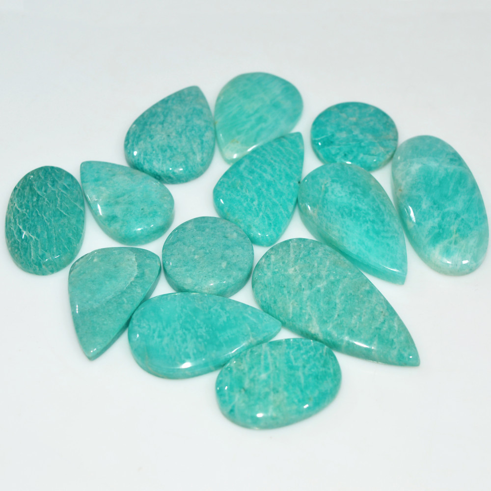 Image of 13Pcs 240Cts Green Amazonite Gemstone Cabochon Lot Natural Crystal For Healing 34x16 15x15mm #17682