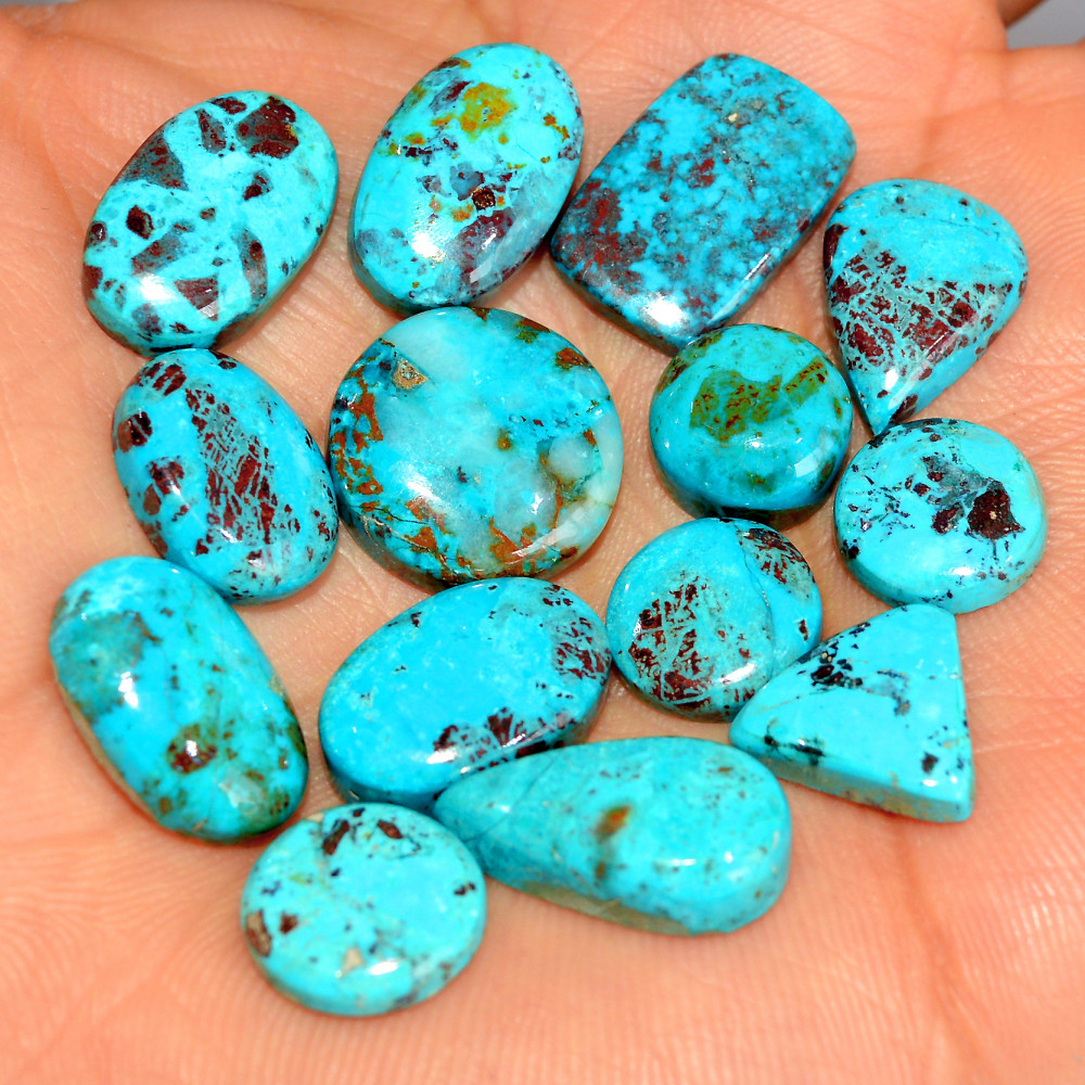 Image of 14 Pcs 76 Cts Natural Chrysocolla Cabochon Loose Gemstone Mix Shapes and Size Lots 15x15 10x10mm #17761