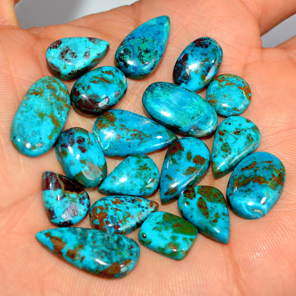 Image of 18 Pcs 108 Cts Natural Chrysocolla Cabochon Loose Gemstone Mix Shapes and Size Lots 20x9 10x10mm #17765
