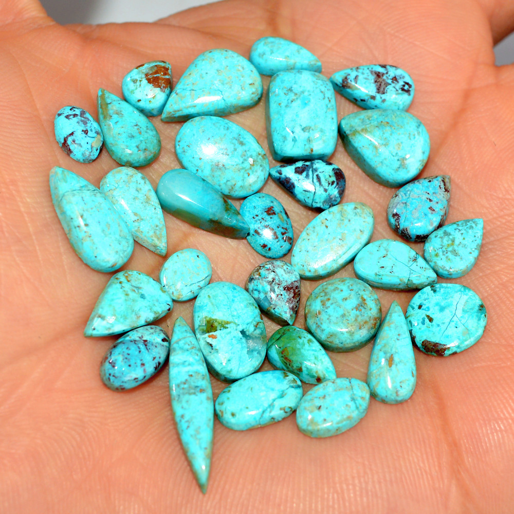 Image of 30 Pcs 53 Cts Natural Chrysocolla Cabochon Loose Gemstone Mix Shapes and Size Lots 22x5 10x5mm #17769