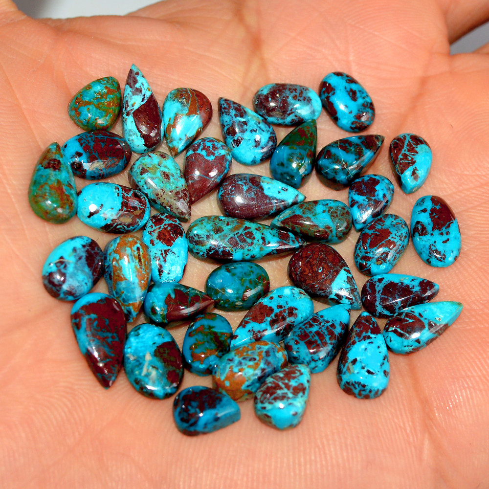 Image of 35 Pcs 63 Cts Natural Chrysocolla Cabochon Loose Gemstone Mix Shapes and Size Lots 15x5 7x5mm #17770