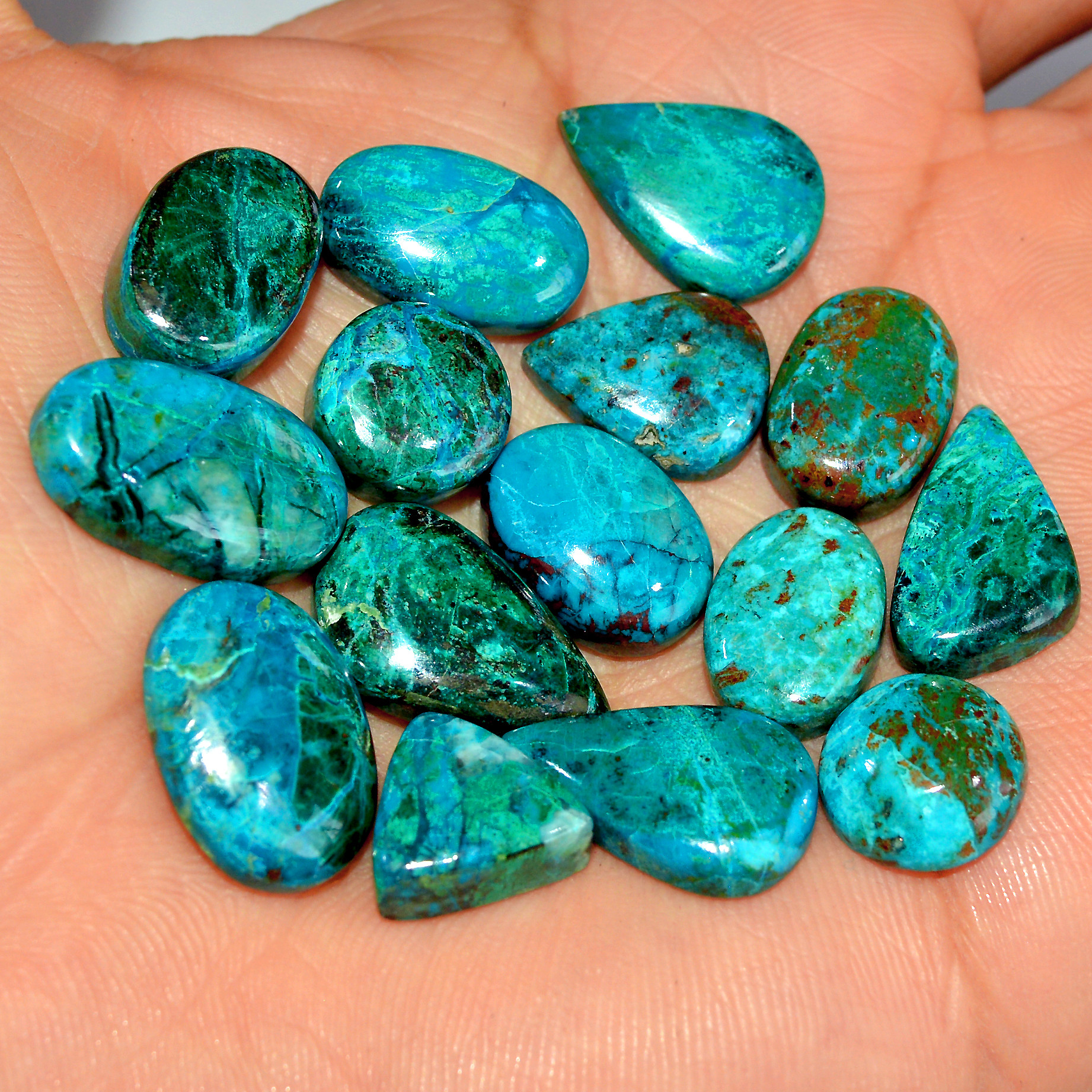 15 Pcs 135 Cts Natural Chrysocolla Cabochon Loose Gemstone Jewelry Making Semi-Precious Crystal Lot 20x10 10x10mm 17803