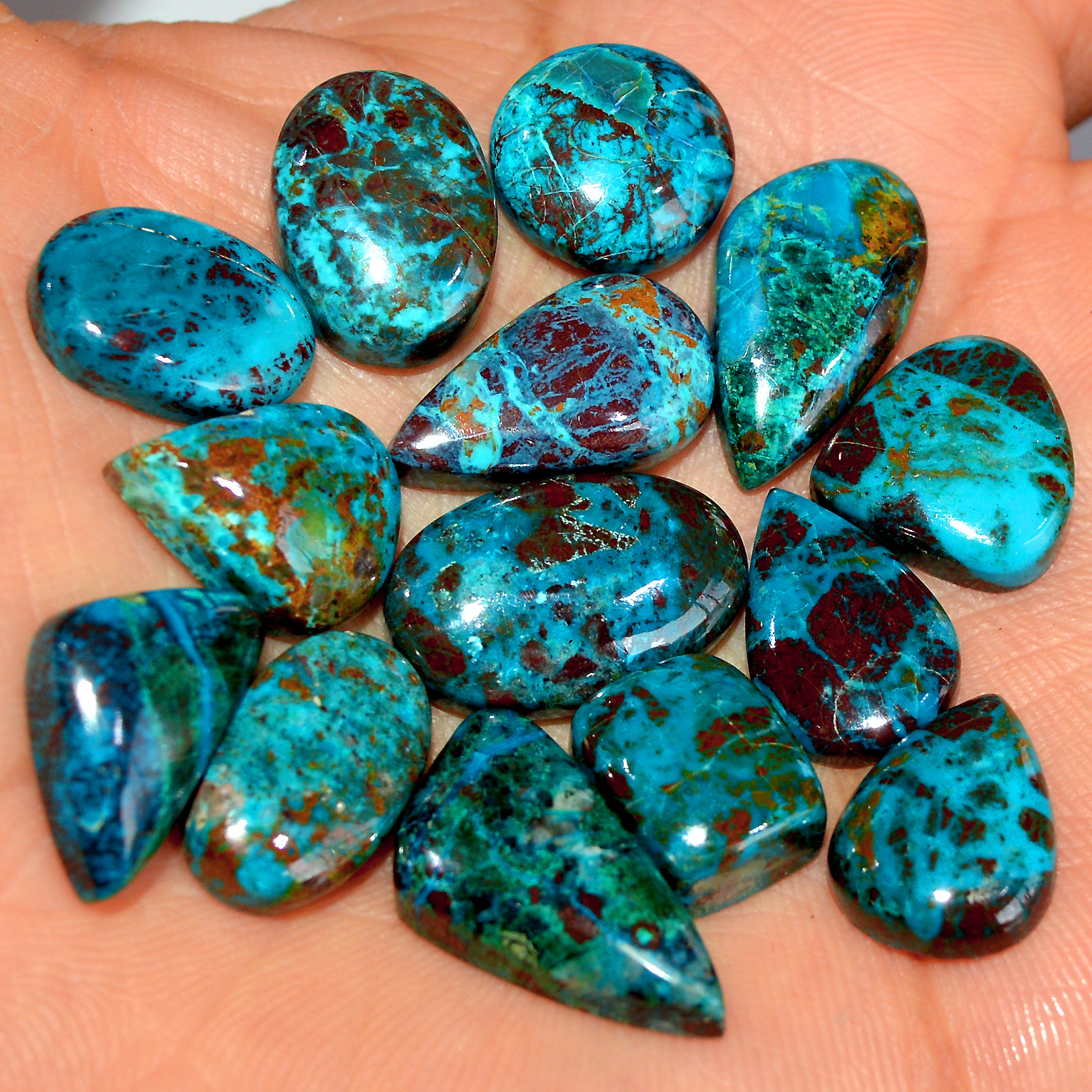 14 Pcs 123 Cts Natural Chrysocolla Cabochon Loose Gemstone Jewelry Making Semi-Precious Crystal Lot 21x10 10x9mm 17804