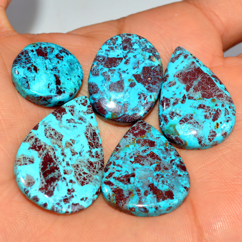 Image of 5 Pcs 112 Cts Natural Chrysocolla Cabochon Loose Gemstone Jewelry Making Semi-Precious Crystal Lot 35x22 18x18mm #17796