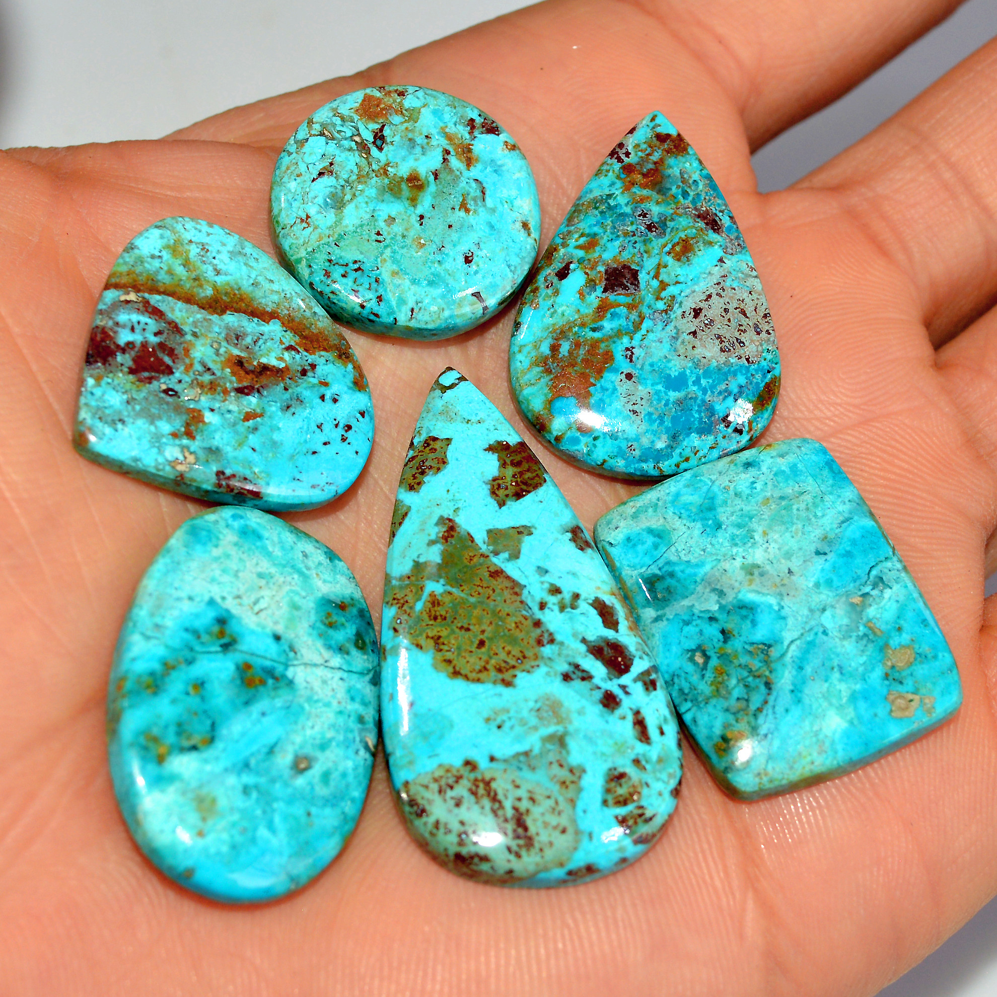 6 Pcs 129 Cts Natural Chrysocolla Cabochon Loose Gemstone Jewelry Making Semi-Precious Crystal Lot 40x20 20x20mm 17799