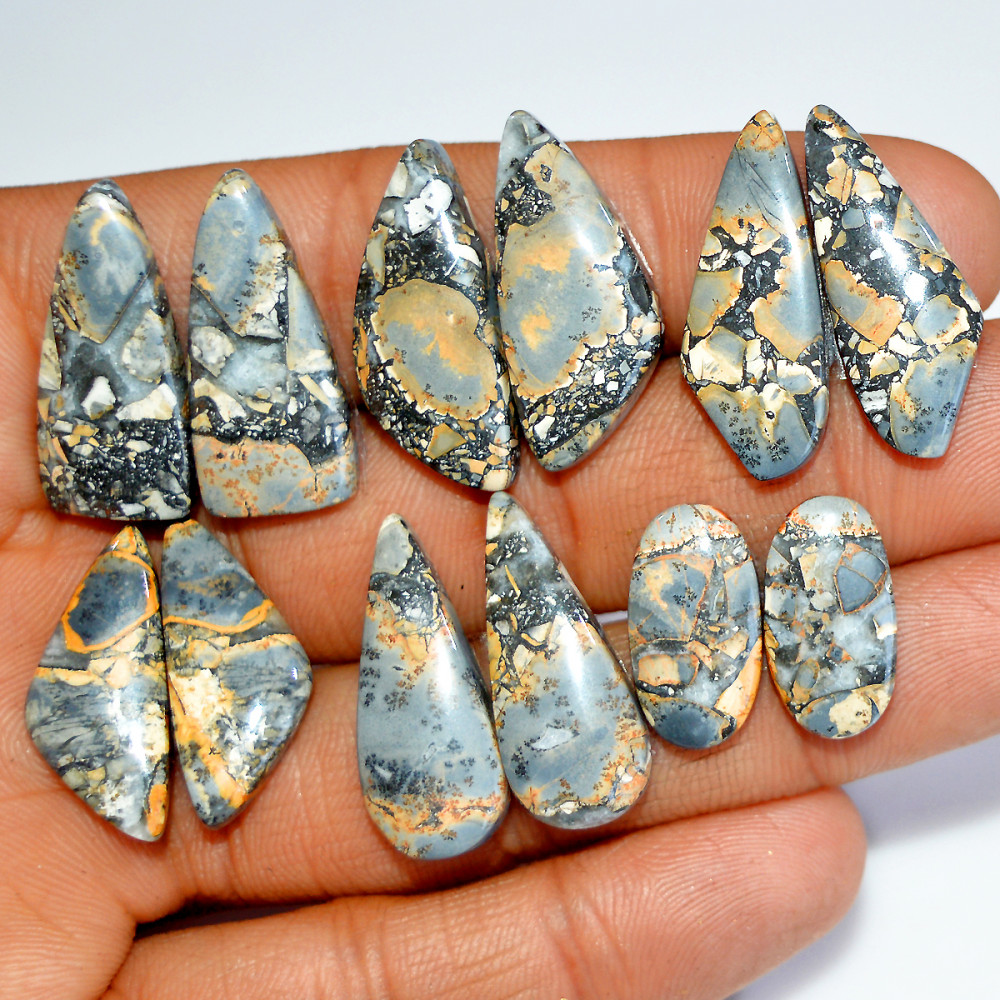 Image of 6 Pairs 136 Cts Natural Maligano Jasper Silver Jewelry Making Supplies Gemstone Pair 25x10 16x9mm #17870