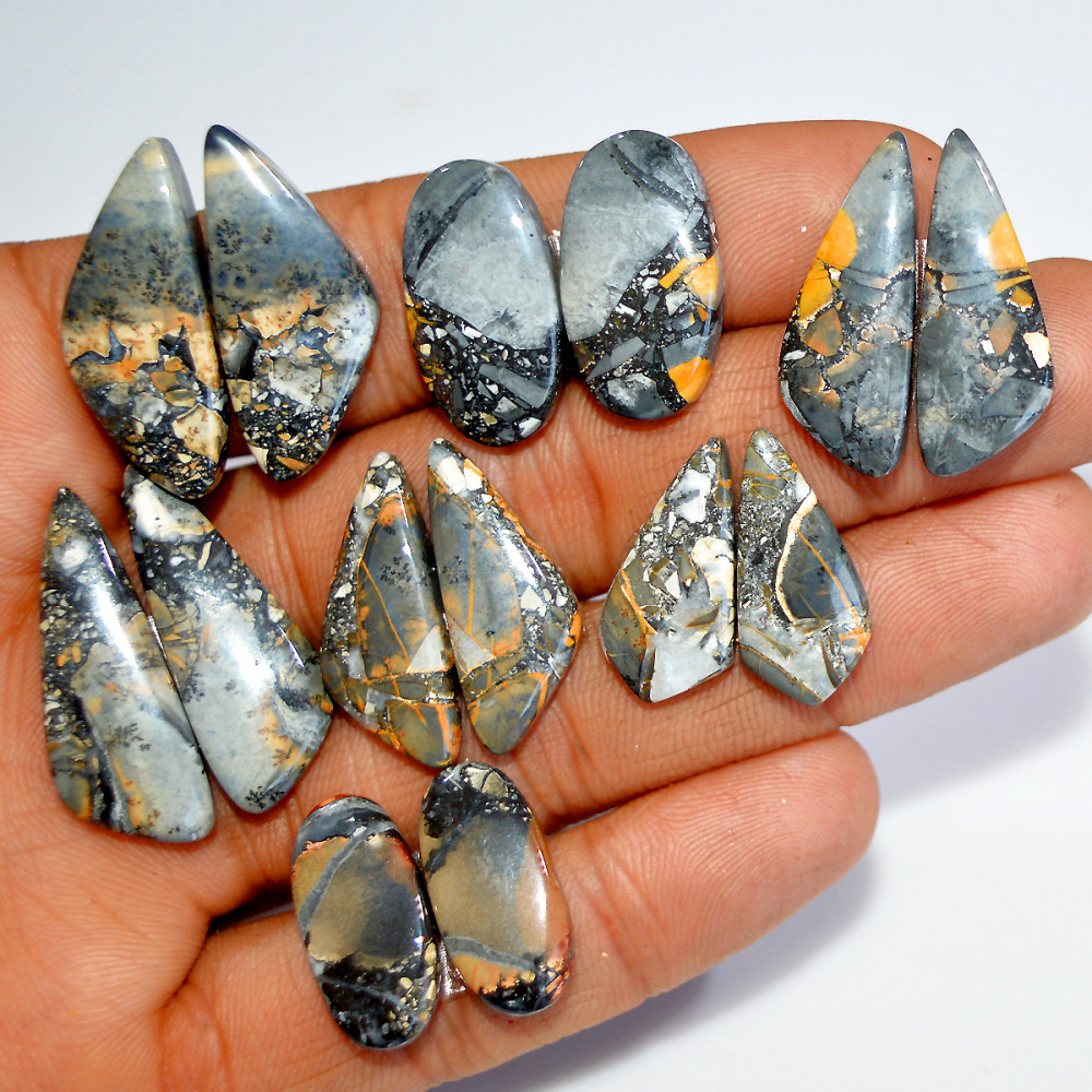 Image of 7 Pairs 175 Cts Natural Maligano Jasper Silver Jewelry Making Supplies Gemstone Pair 30x10 20x10mm #17872