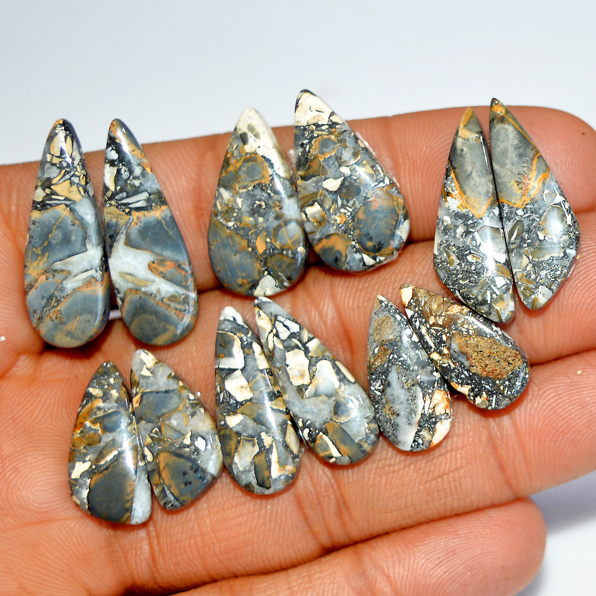 6 Pairs 109 Cts Natural Maligano Jasper Silver Jewelry Making Supplies Gemstone Pair 28x10 19x8mm 17876