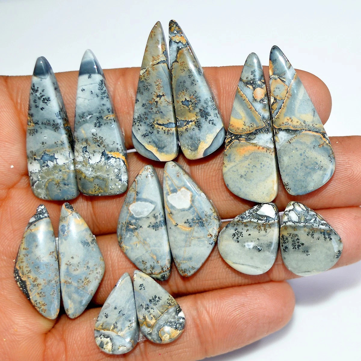 7 Pairs 204 Cts Natural Maligano Jasper Silver Jewelry Making Supplies Gemstone Pair 35x12 17x14mm 17880