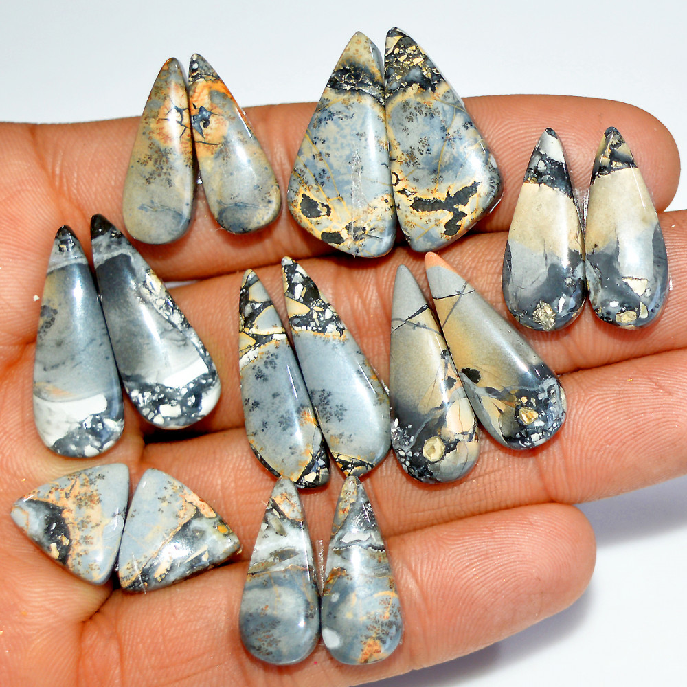 Image of 8 Pairs 159 Cts Natural Maligano Jasper Silver Jewelry Making Supplies Gemstone Pair 27x7 13x13mm #17881