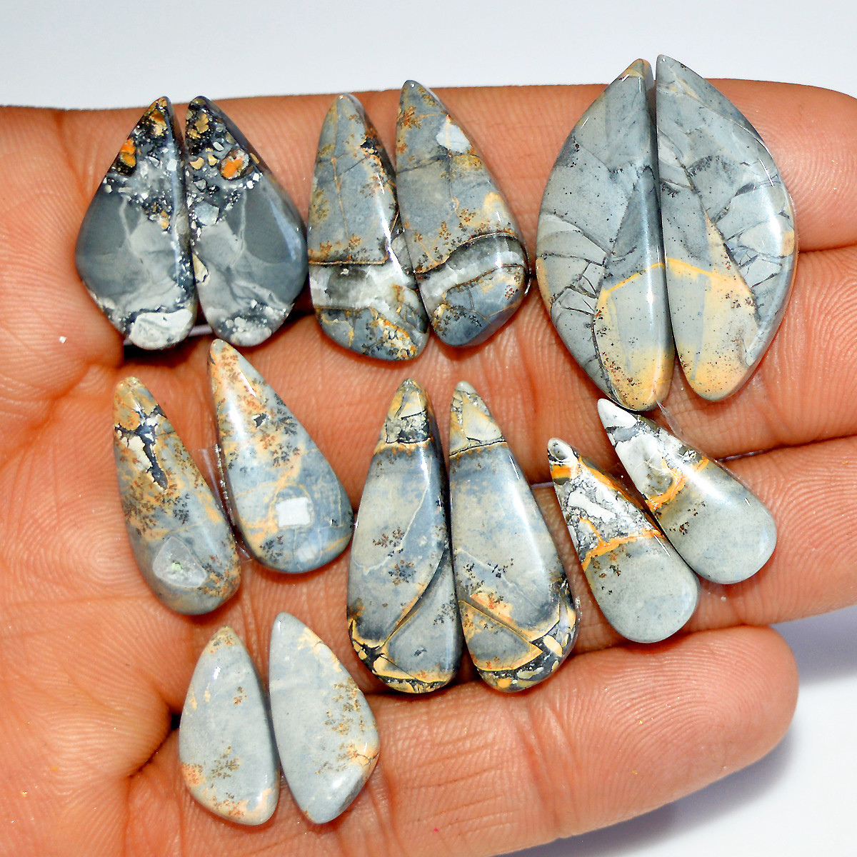 7 Pairs 147 Cts Natural Maligano Jasper Silver Jewelry Making Supplies Gemstone Pair 30x10 19x9mm 17882