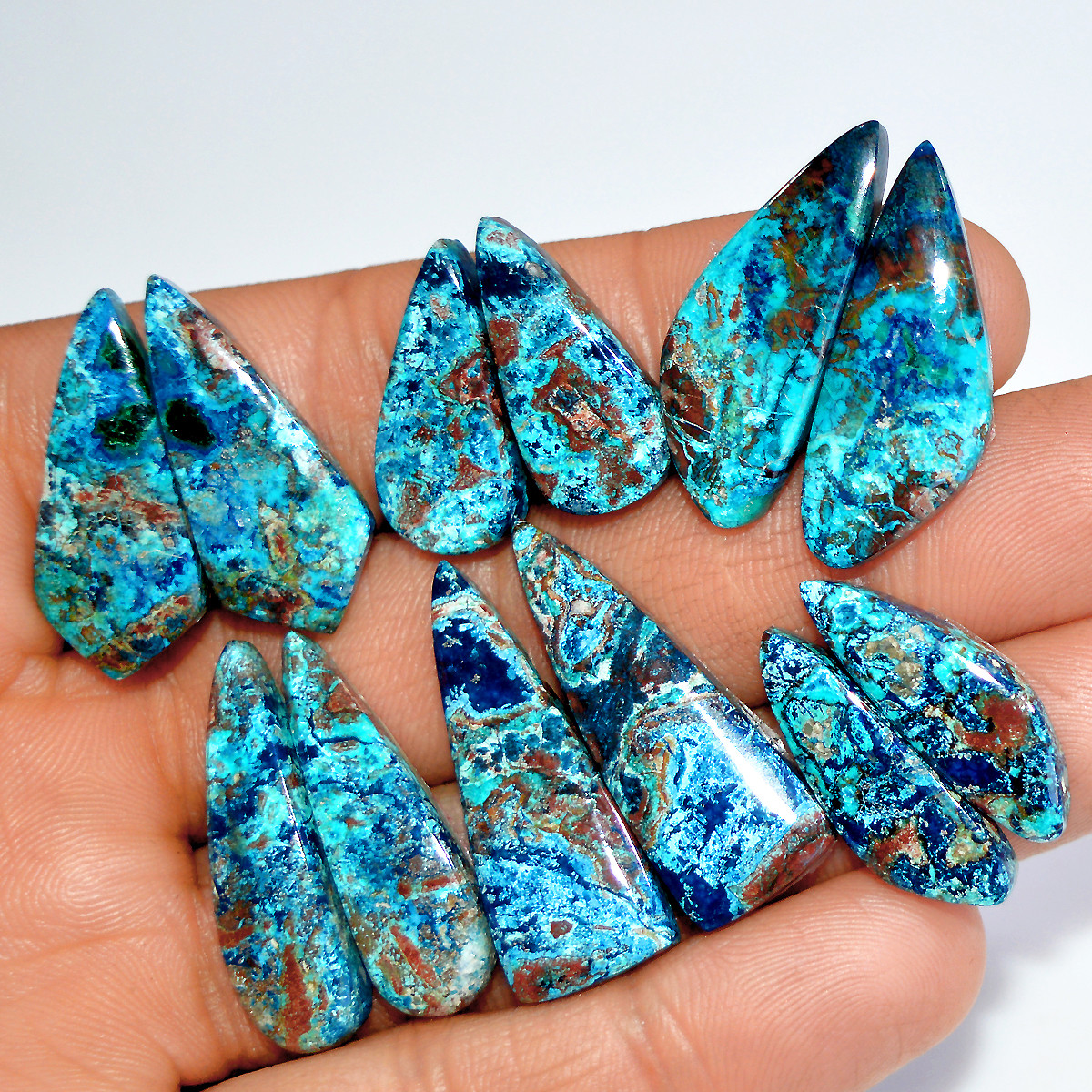 6 Pairs 133 Cts Natural Azurite Shattuckite Matching Cabochon Earrings Making Pairs 30x10 23x7mm 17889