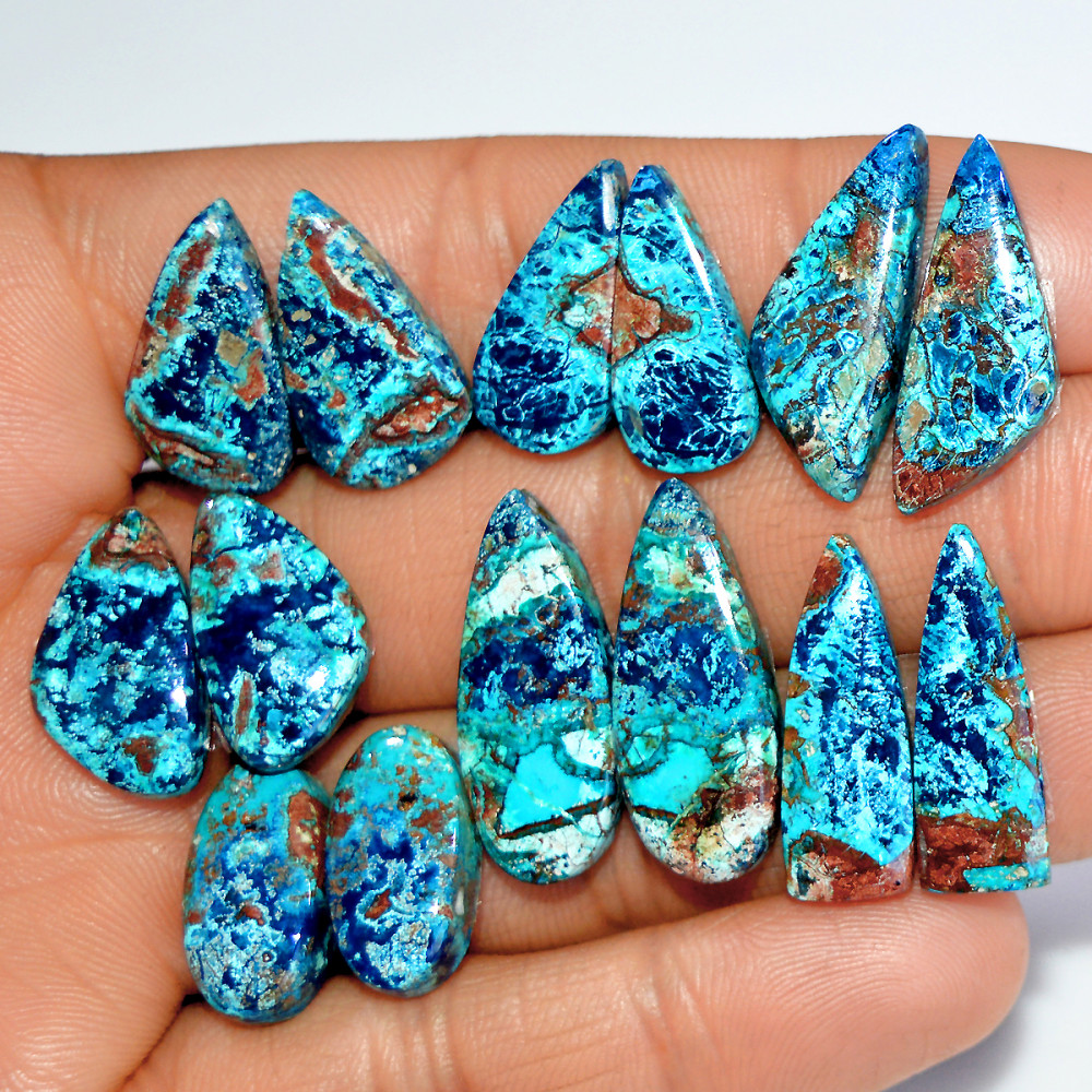 Image of 7 Pairs 118 Cts Natural Azurite Shattuckite Matching Cabochon Earrings Making Pairs 25x9 17x8mm #17891