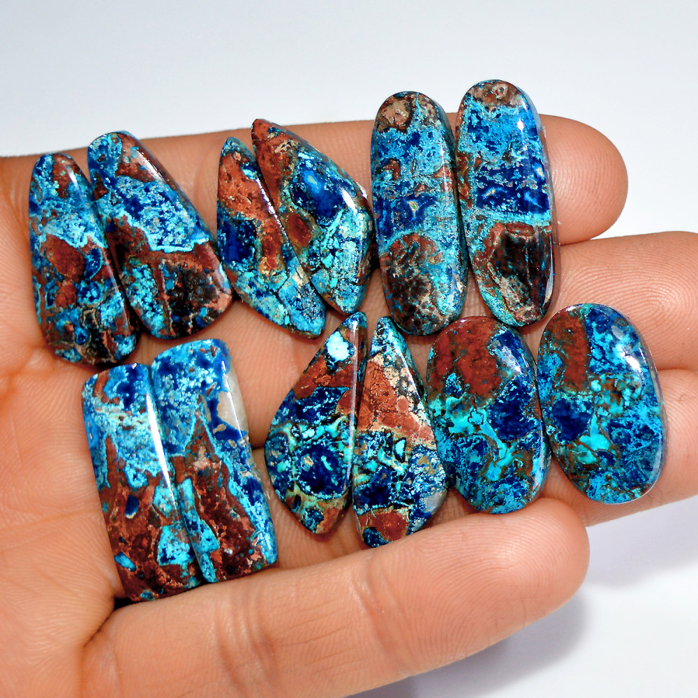 Image of 6 Pairs 151 Cts Natural Azurite Shattuckite Matching Cabochon Earrings Making Pairs 27x8 21x11mm #17899