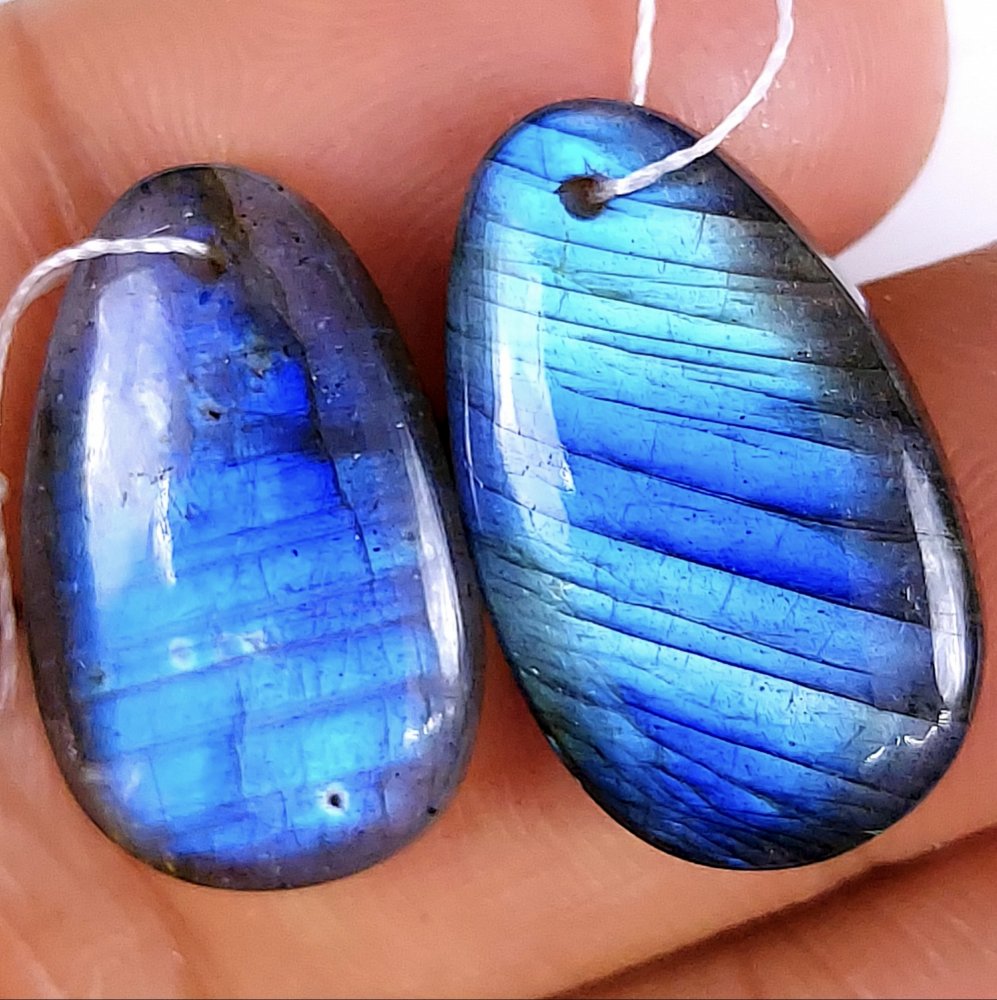 28Cts Natural Blue Labradorite Cabochon Pair Fancy Shape Drilled Loose Gemstone 22x14mm #179