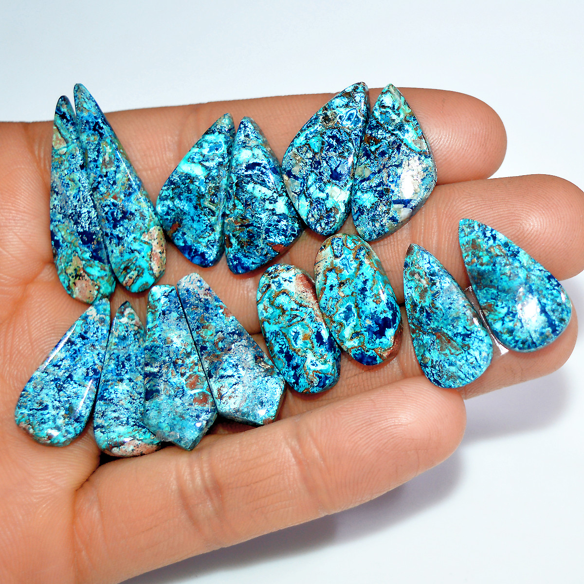 7 Pairs 130 Cts Natural Azurite Shattuckite Matching Cabochon Earrings Making Pairs 31x7 21x10mm 17900