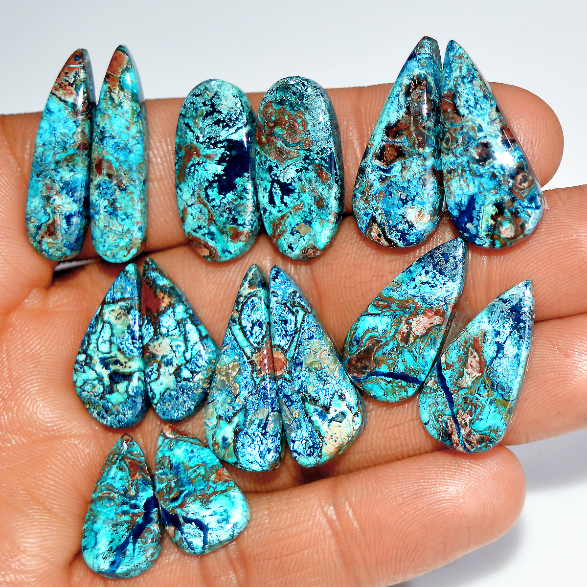 7 Pairs 138 Cts Natural Azurite Shattuckite Matching Cabochon Earrings Making Pairs 27x8 18x9mm 17908