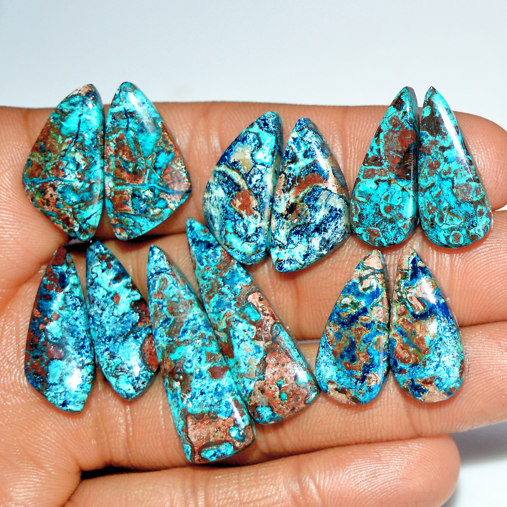 Image of 6 Pairs 125 Cts Natural Azurite Shattuckite Healing Crystal Cabochon Gemstone Pairs 33x9 21x10mm #17909