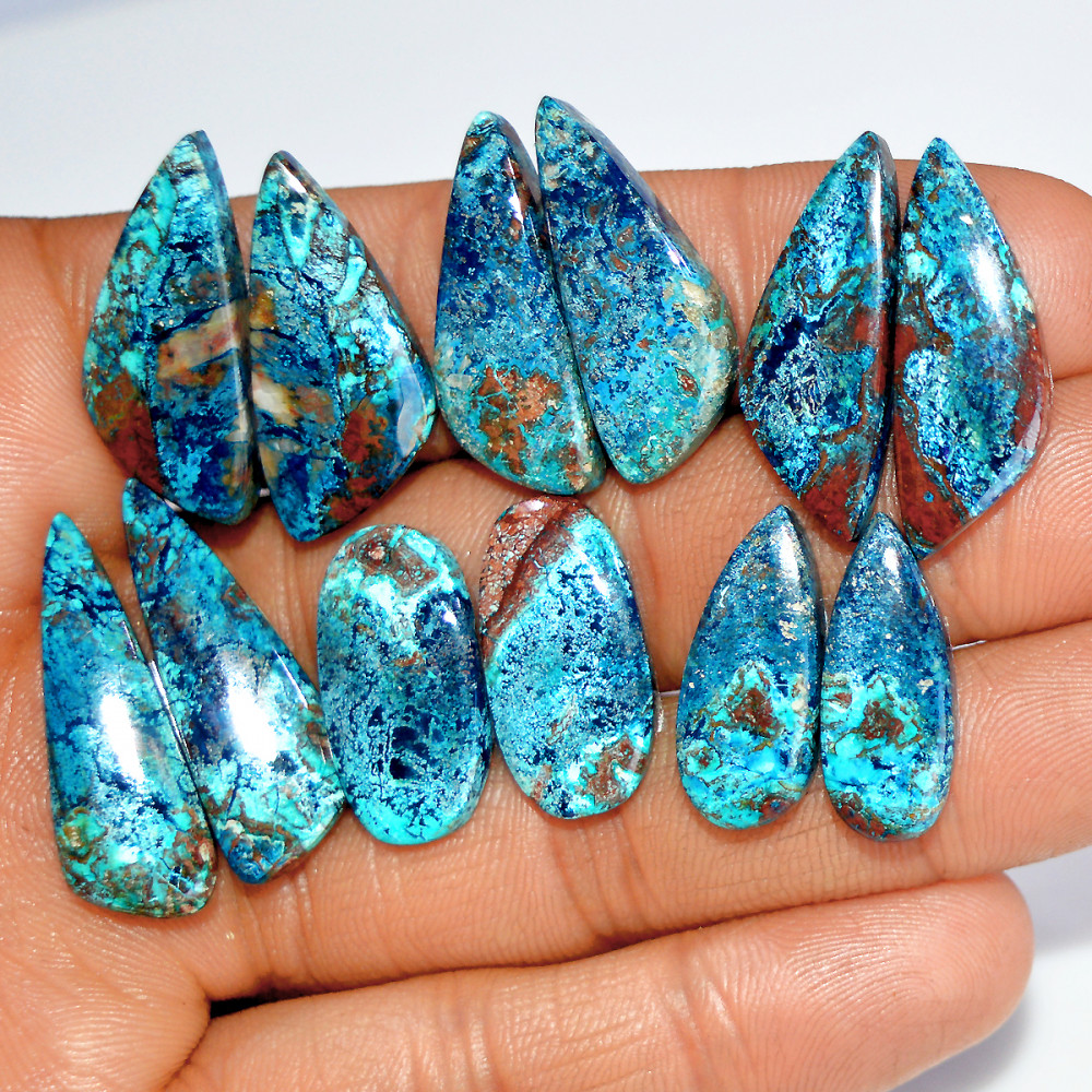 Image of 6 Pairs 130 Cts Natural Azurite Shattuckite Healing Crystal Cabochon Gemstone Pairs 29x8 20x7mm #17910