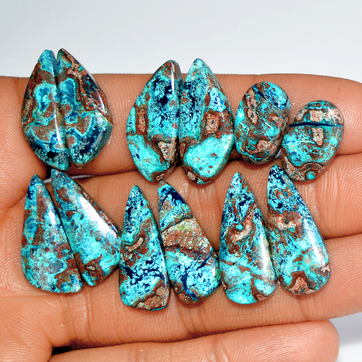 6 Pairs 96 Cts Natural Azurite Shattuckite Healing Crystal Cabochon Gemstone Pairs 24x9 15x8mm 17912